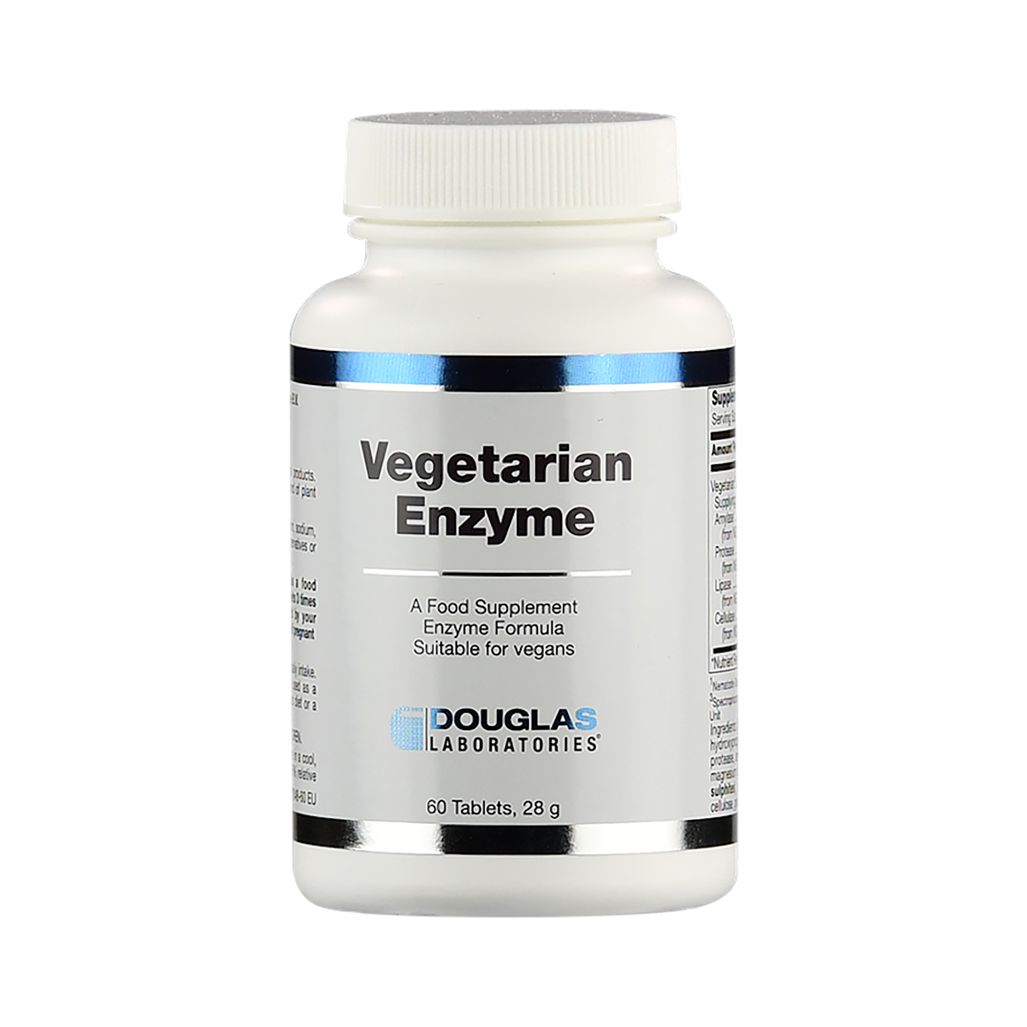 Weißes Fläschchen mit einem Etikett, das "Vegetarian Enzyme" und Informationen zu einem Nahrungsergänzungsmittel enthält.