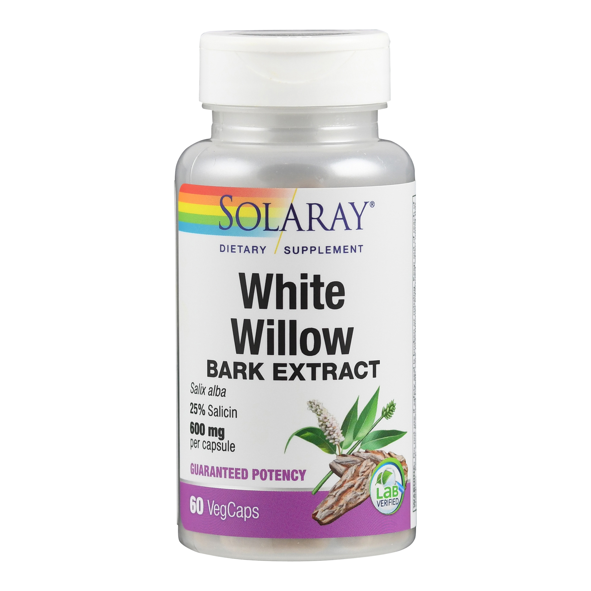 Flasche mit White Willow Bark Extract von Solaray, 60 vegane Kapseln, mit Angaben zu Inhaltsstoffen und Dosierung.