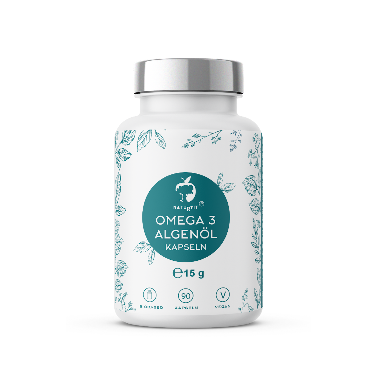 Nahrungsergänzungsmittel-Flasche mit der Aufschrift "OMEGA 3 ALGENÖL KAPSELN", 90 Kapseln, 15 g, umgeben von botanischen Illustrationen.
