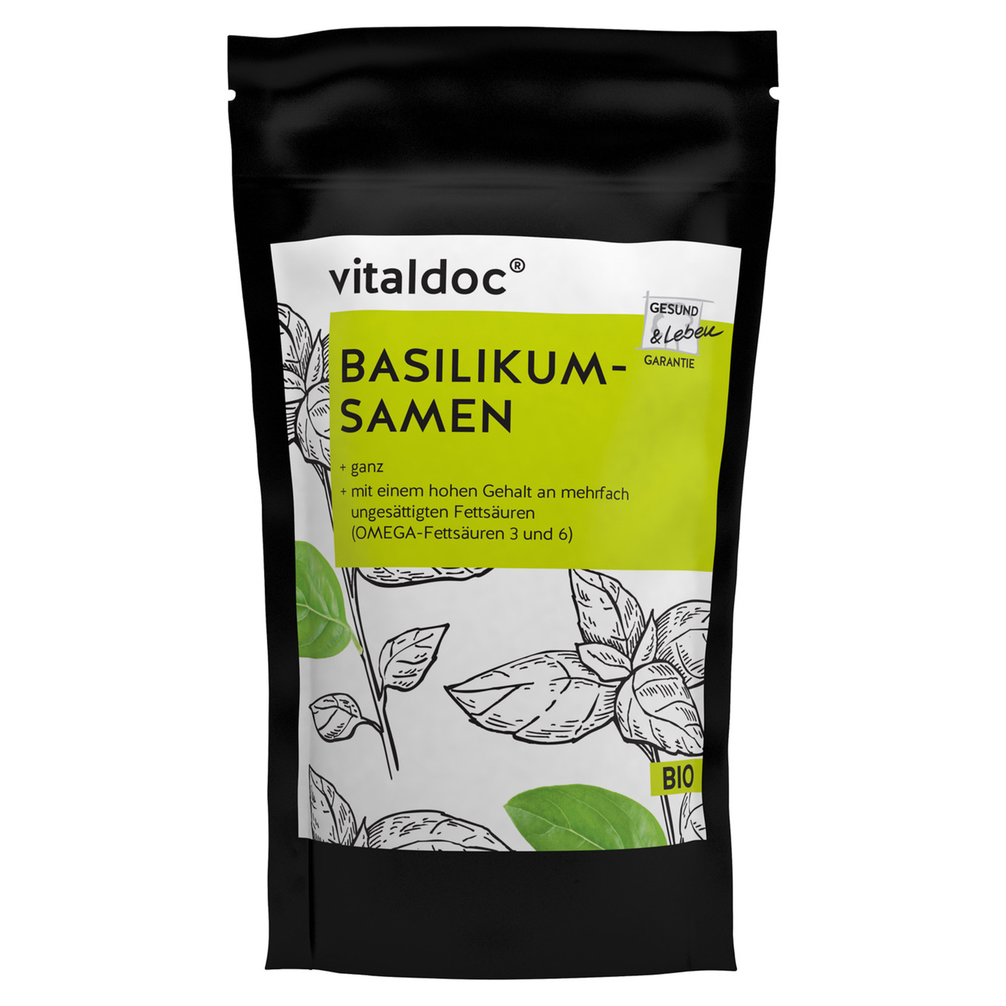 Schwarze Verpackung mit dem Aufdruck "Basilikum-Samen ganz", Hinweis auf hohen Gehalt an mehrfach ungesättigten Fettsäuren, Logo von vitaldoc und Bio-Symbol.