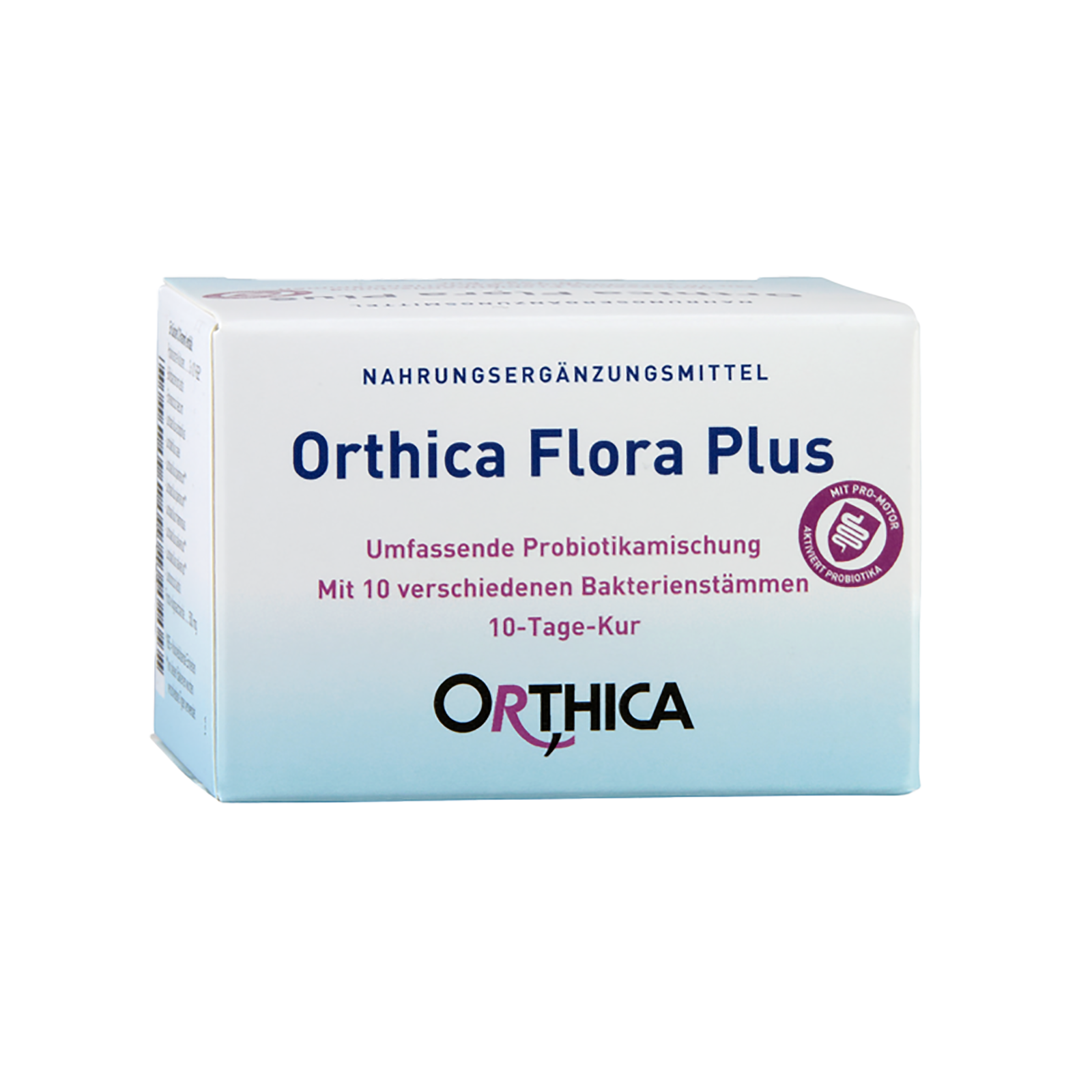 Verpackung des Nahrungsergänzungsmittels "Orthica Flora Plus" mit Angaben zu probiotischen Bakterienstämmen und einer 10-Tage-Kur.