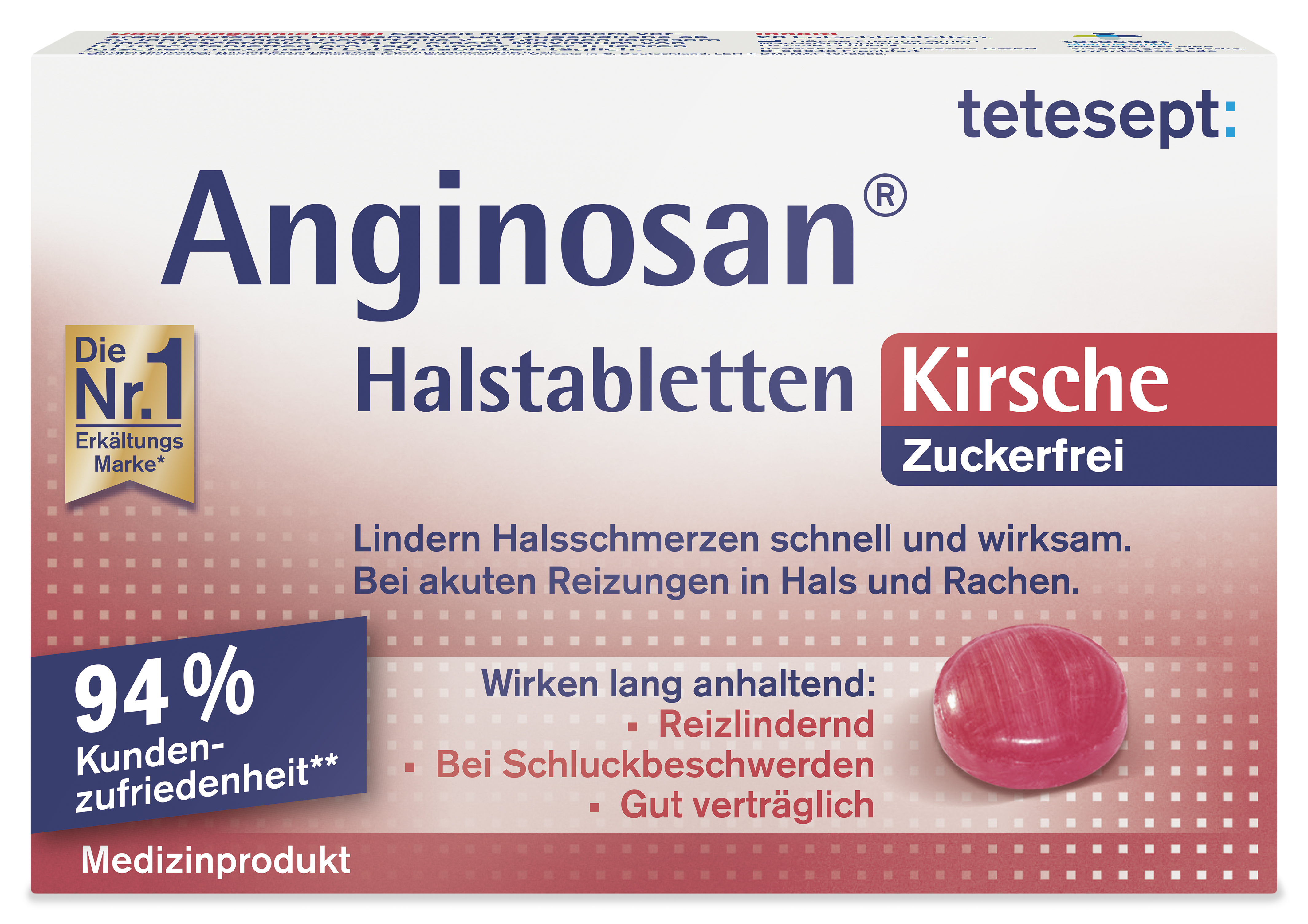 Verpackung von Anginosan Halstabletten mit der Geschmacksrichtung Kirsche, zuckerfrei, und Hinweisen zur Anwendung und Kundenzufriedenheit.