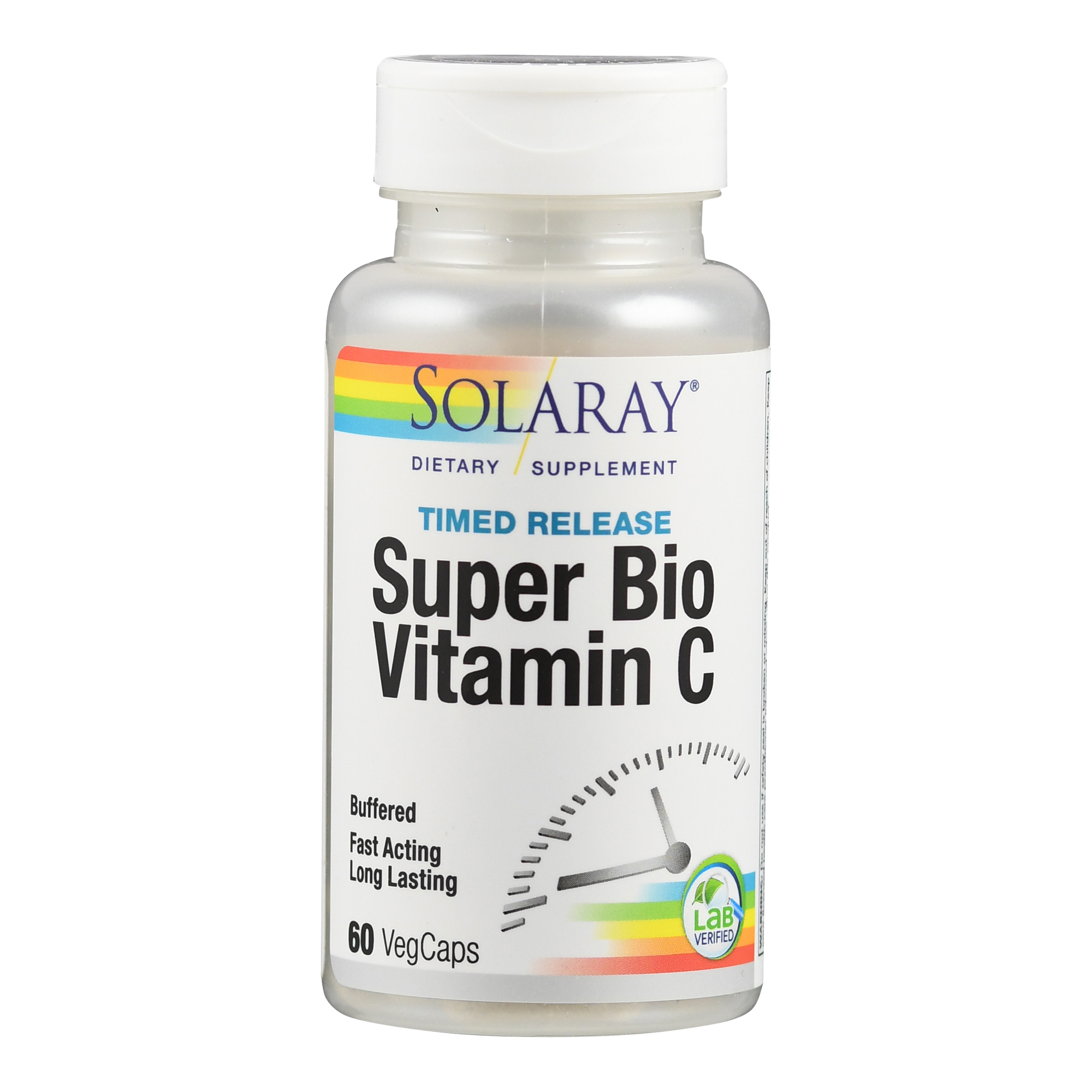 Flasche mit 60 Kapseln Vitamin C von Solaray, beschriftet mit "Timed Release Super Bio Vitamin C".