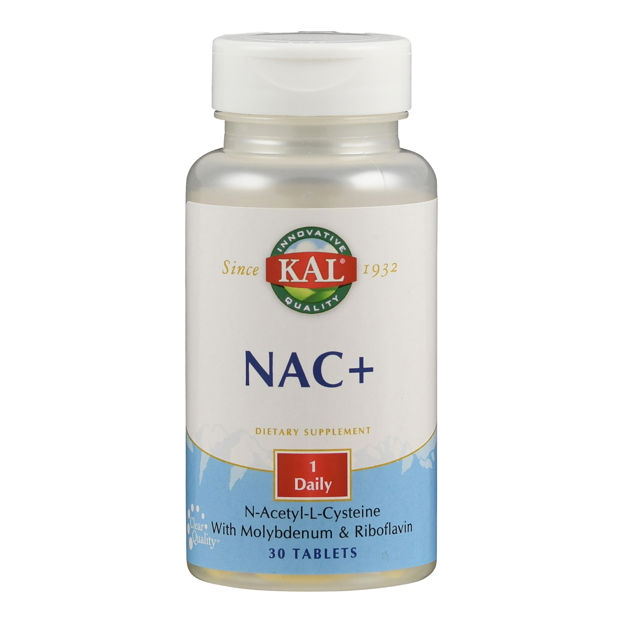 Flasche mit Nahrungsergänzungsmittel NAC+, enthält 30 Tabletten, mit Angaben zu Inhaltsstoffen und Einnahmehinweis.