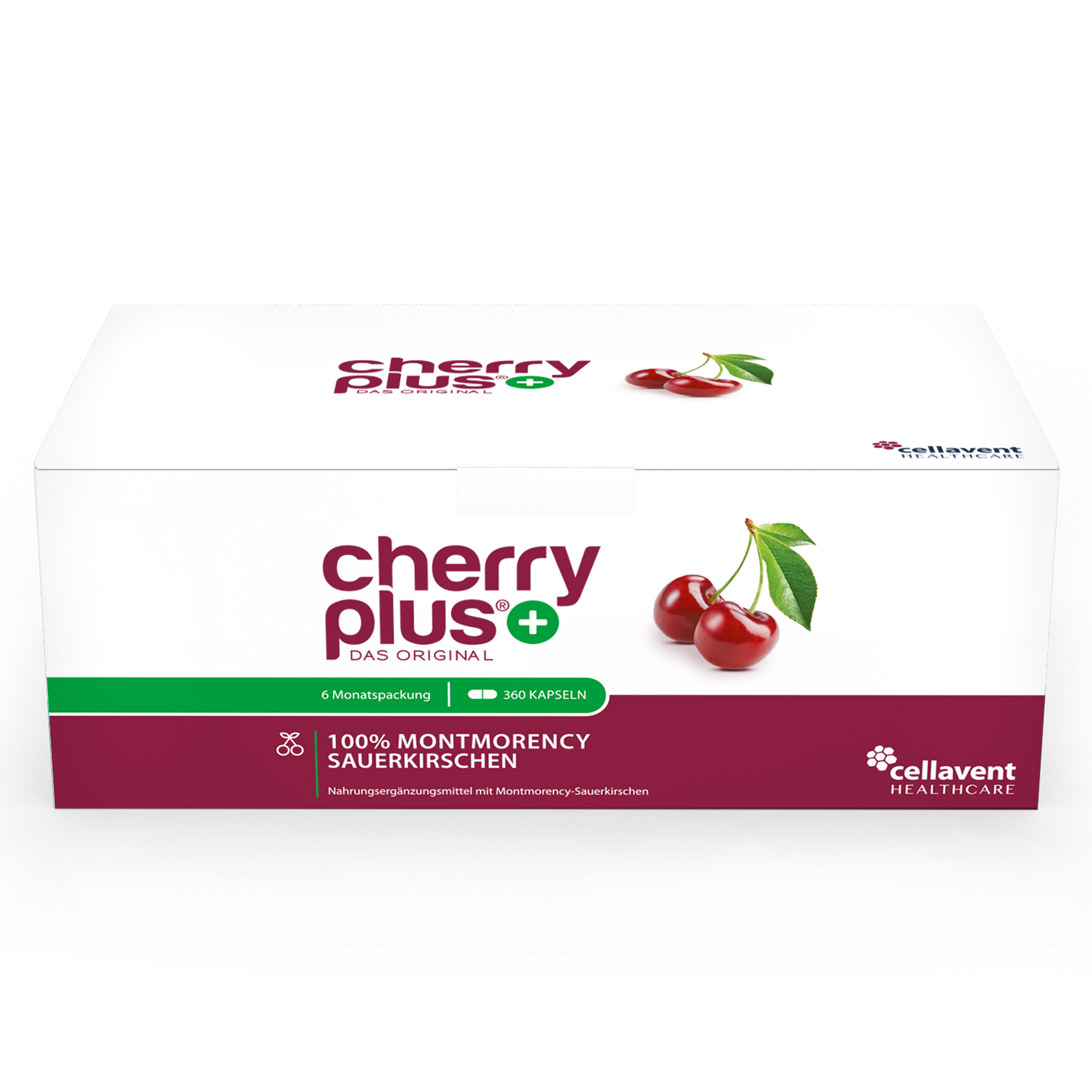 Verpackung des Nahrungsergänzungsmittels "Cherry Plus" mit Montmorency Sauerkirschen, 360 Kapselflaschen.