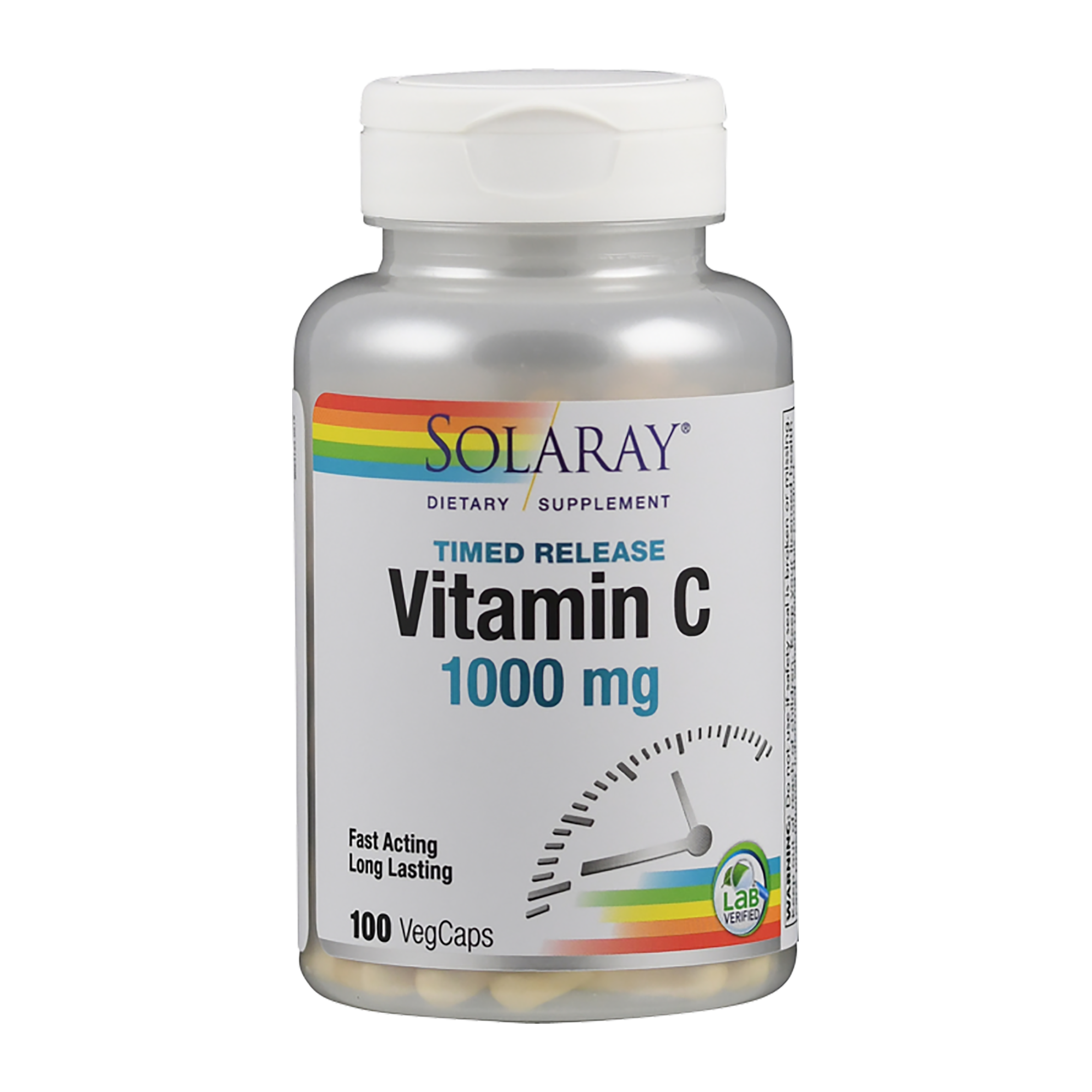 Flasche mit Vitamin C 1000 mg von Solaray, 100 vegane Kapseln, mit Timed Release-Etikett.