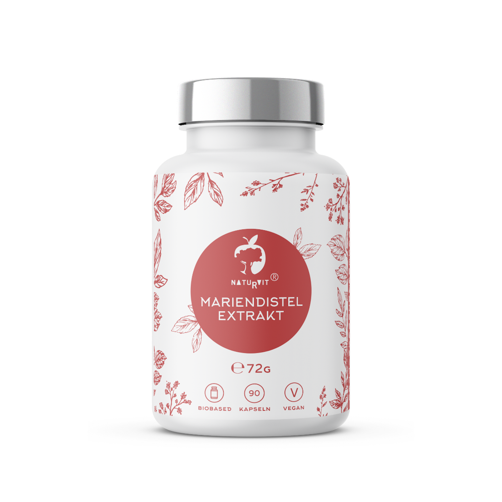 Flasche mit Mariendistel Extrakt, 72g, 90 Kapseln, umgeben von pflanzlichen Illustrationen.
