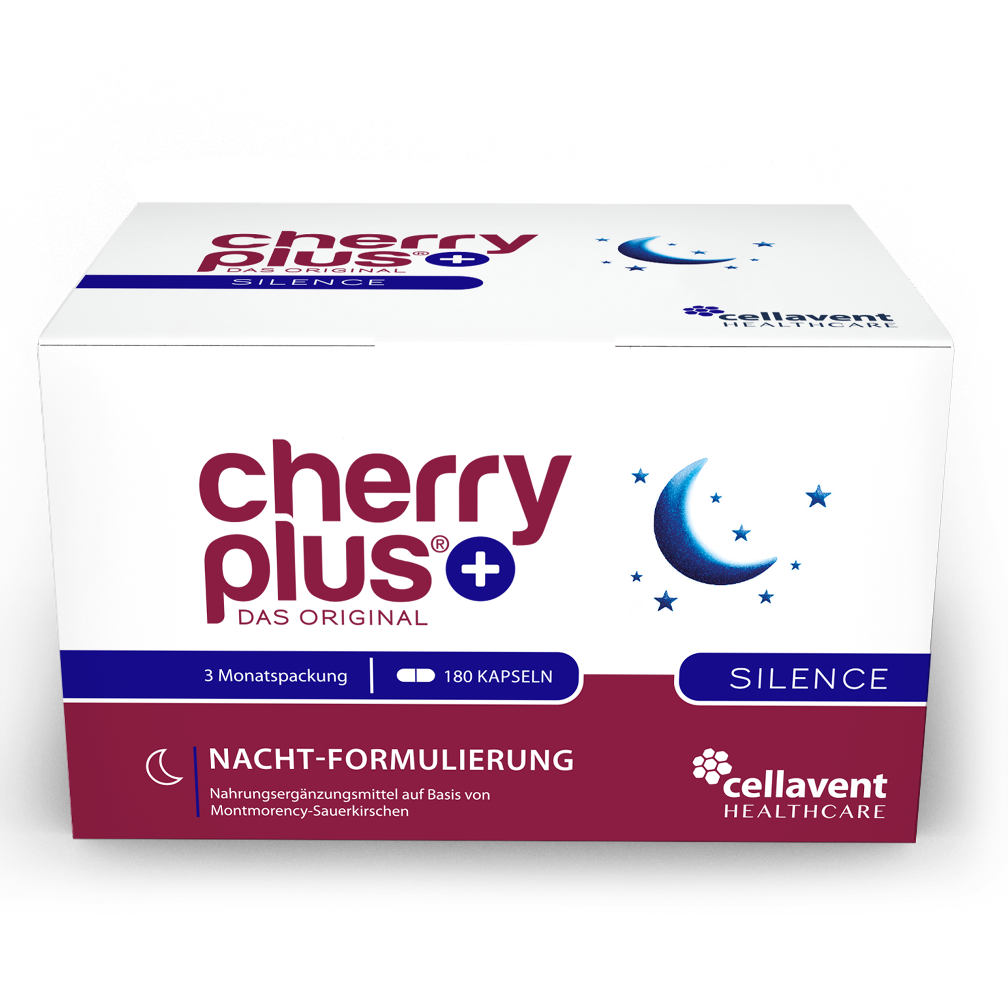 Packung des Nahrungsergänzungsmittels Cherry Plus mit der Bezeichnung "Nacht-Formulierung" und einer Beschreibung zu Montmorency-Sauerkirschen.