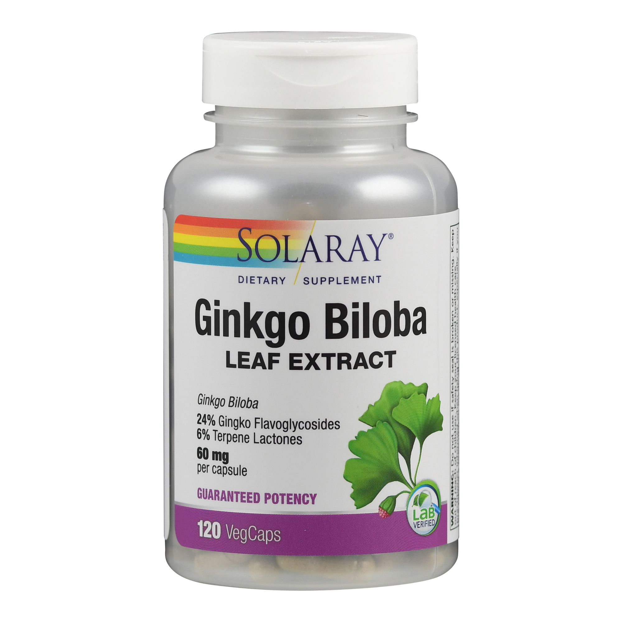 Flasche mit Ginkgo Biloba Extrakt, 120 vegane Kapseln, auf dem Etikett sind Angaben zu Inhaltsstoffen und Dosierung abgedruckt.
