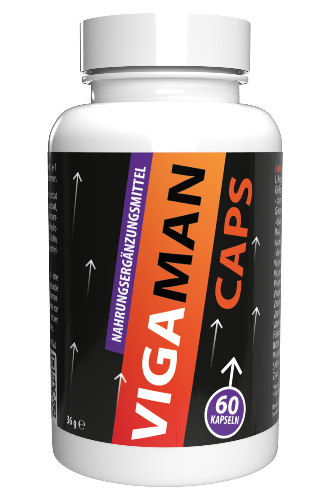 Flasche mit Nahrungsergänzungsmittel VigaMan Caps, 60 Kapseln.