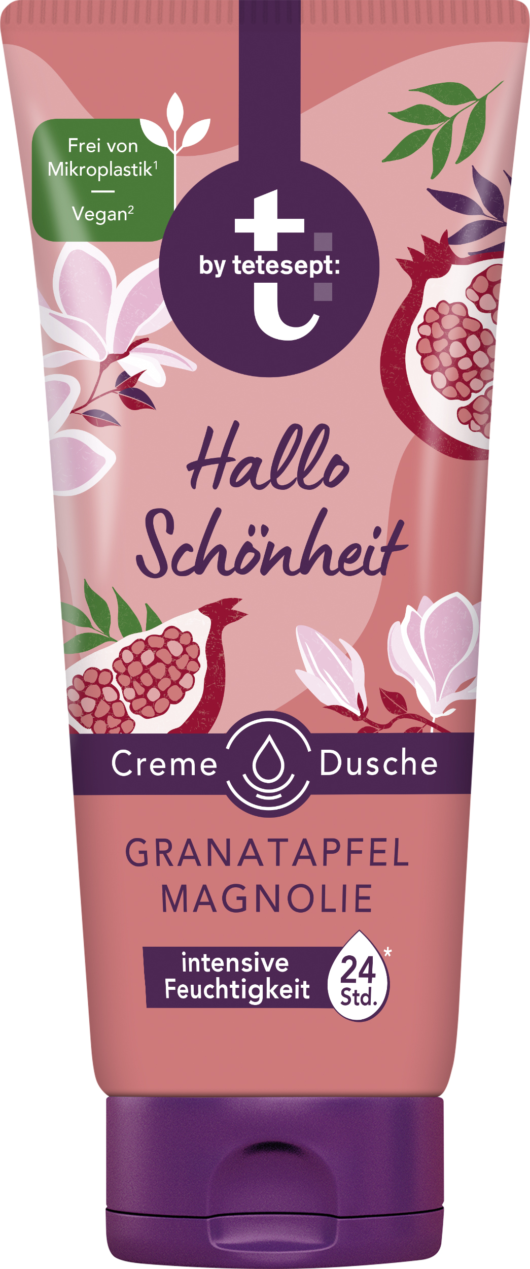Tube mit Creme-Dusche "Granatapfel Magnolie", Logo von tetesept, rosa Verpackung mit floralen Motiven und dem Text "Hallo Schönheit".