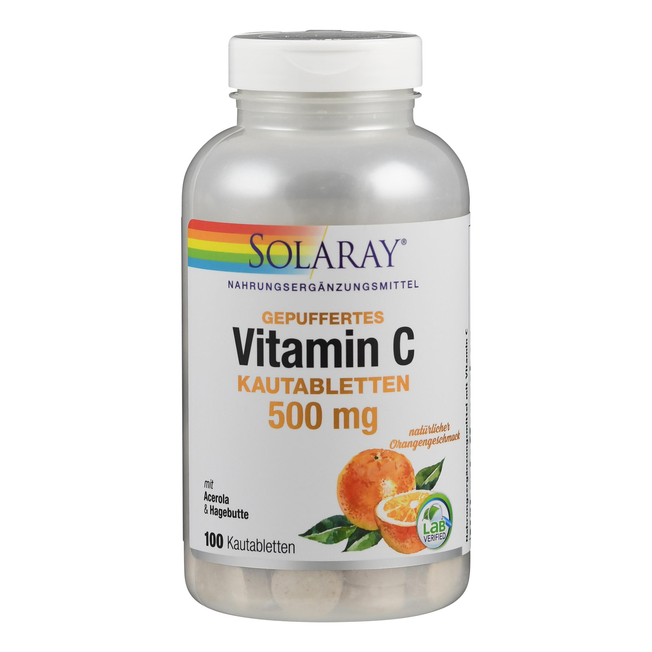 Flasche mit gepufferten Vitamin C Kautabletten, 500 mg, 100 Stück, Hersteller Solaray.