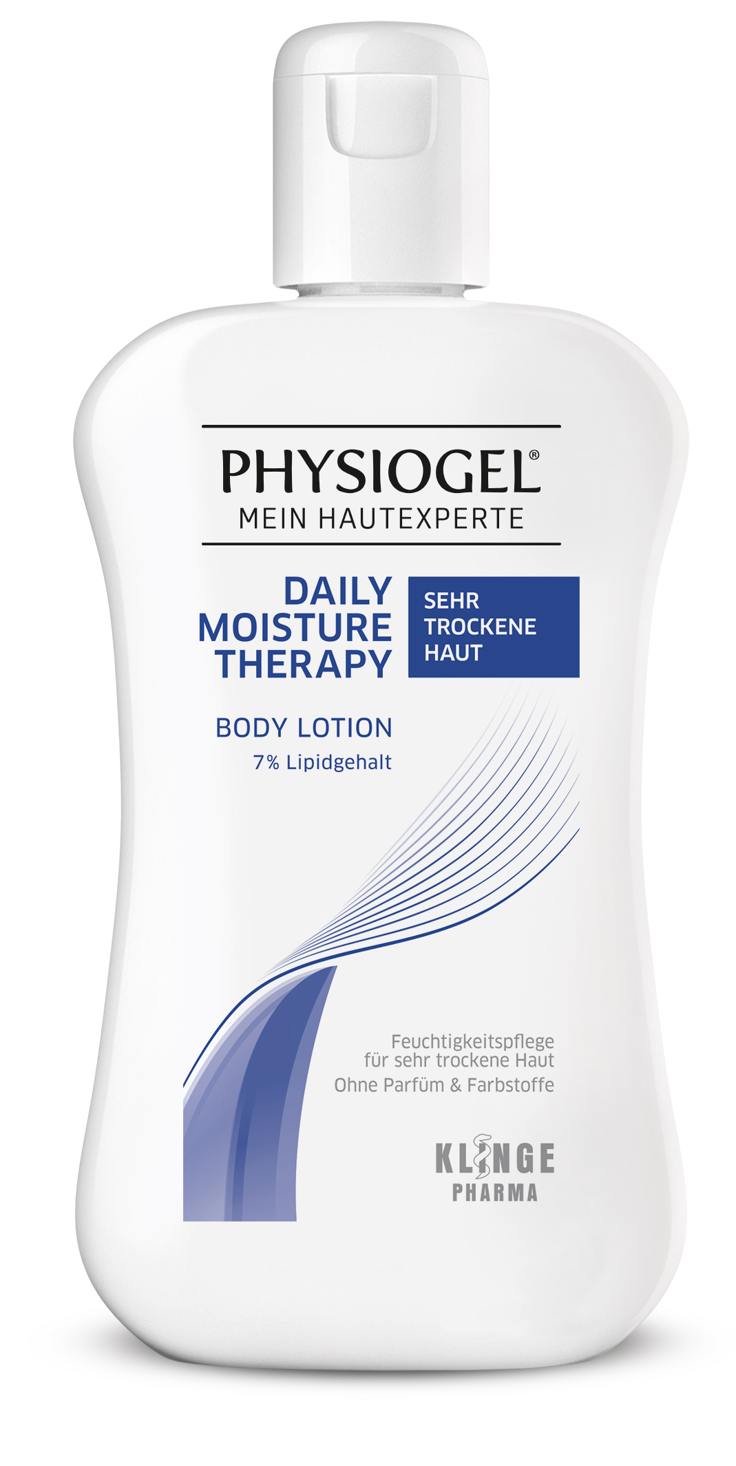 Flasche Physiodgel Daily Moisture Therapy Body Lotion für sehr trockene Haut mit 7% Lipidgehalt von Klinge Pharma.