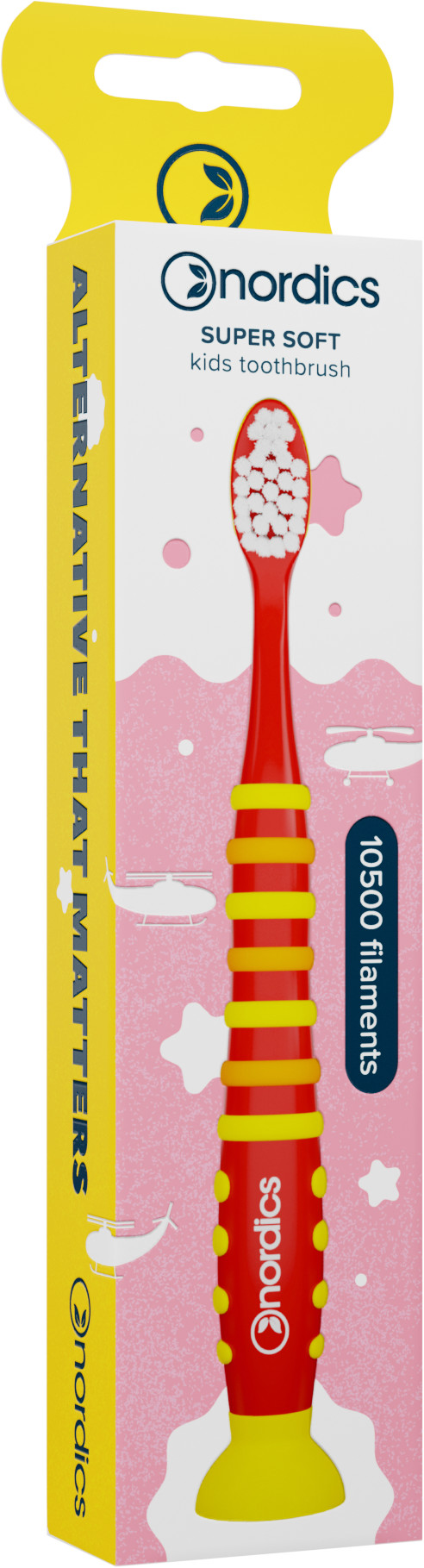Verpackung einer roten Kinderzahnbürste mit der Aufschrift "Super Soft" und dem Namen "nordics".