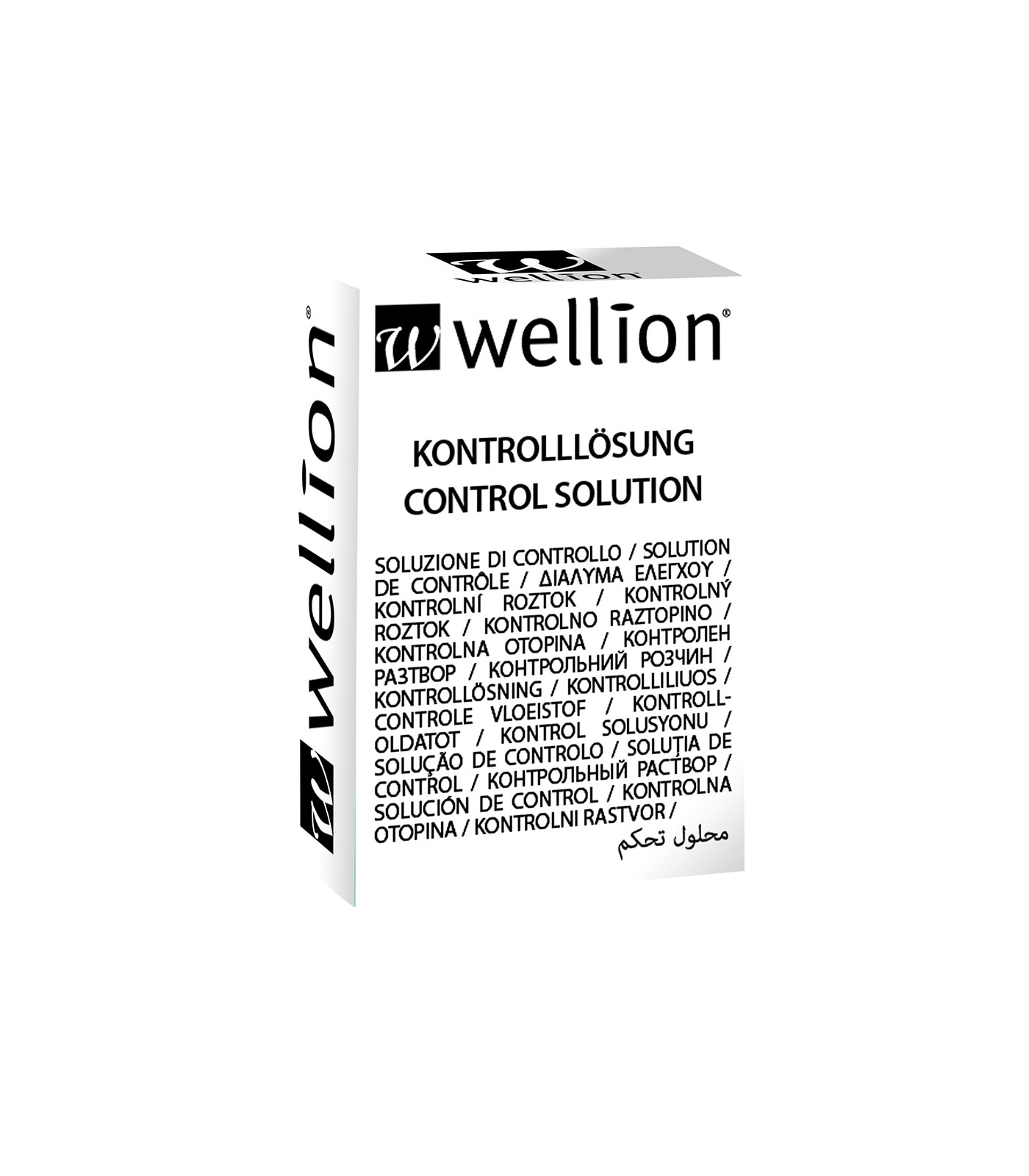 Verpackung einer Kontrolllösung von Wellion in verschiedenen Sprachen.