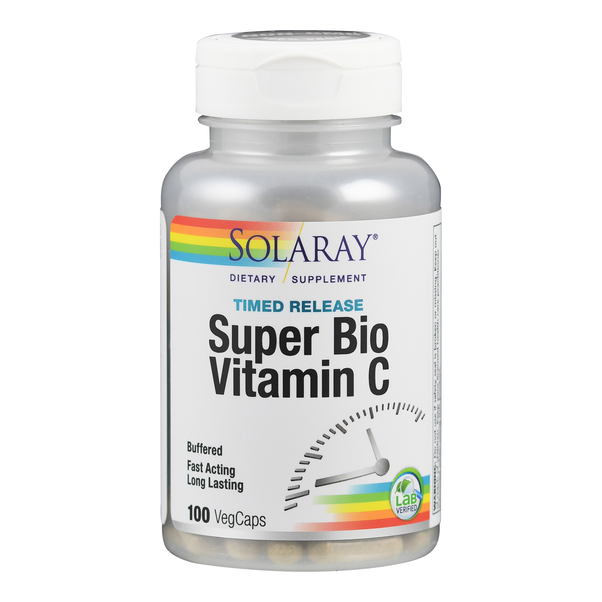Flasche mit Nahrungsergänzungsmittel "Super Bio Vitamin C" von Solaray, 100 Kapseln, mit Angaben zur zeitgesteuerten Freisetzung.