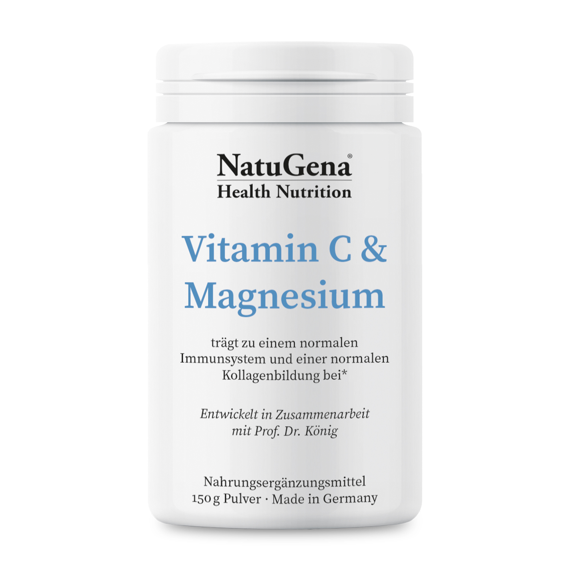 Weißes Behältnis für Nahrungsergänzungsmittel mit der Aufschrift "Vitamin C & Magnesium", enthält 150 g Pulver.