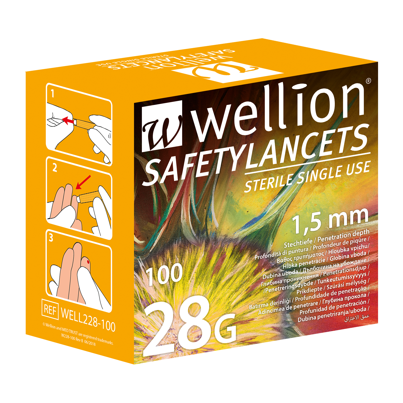 Orangefarbene Verpackung von Wellion Safety Lancets mit Informationen zur Verwendung und Sterilität.