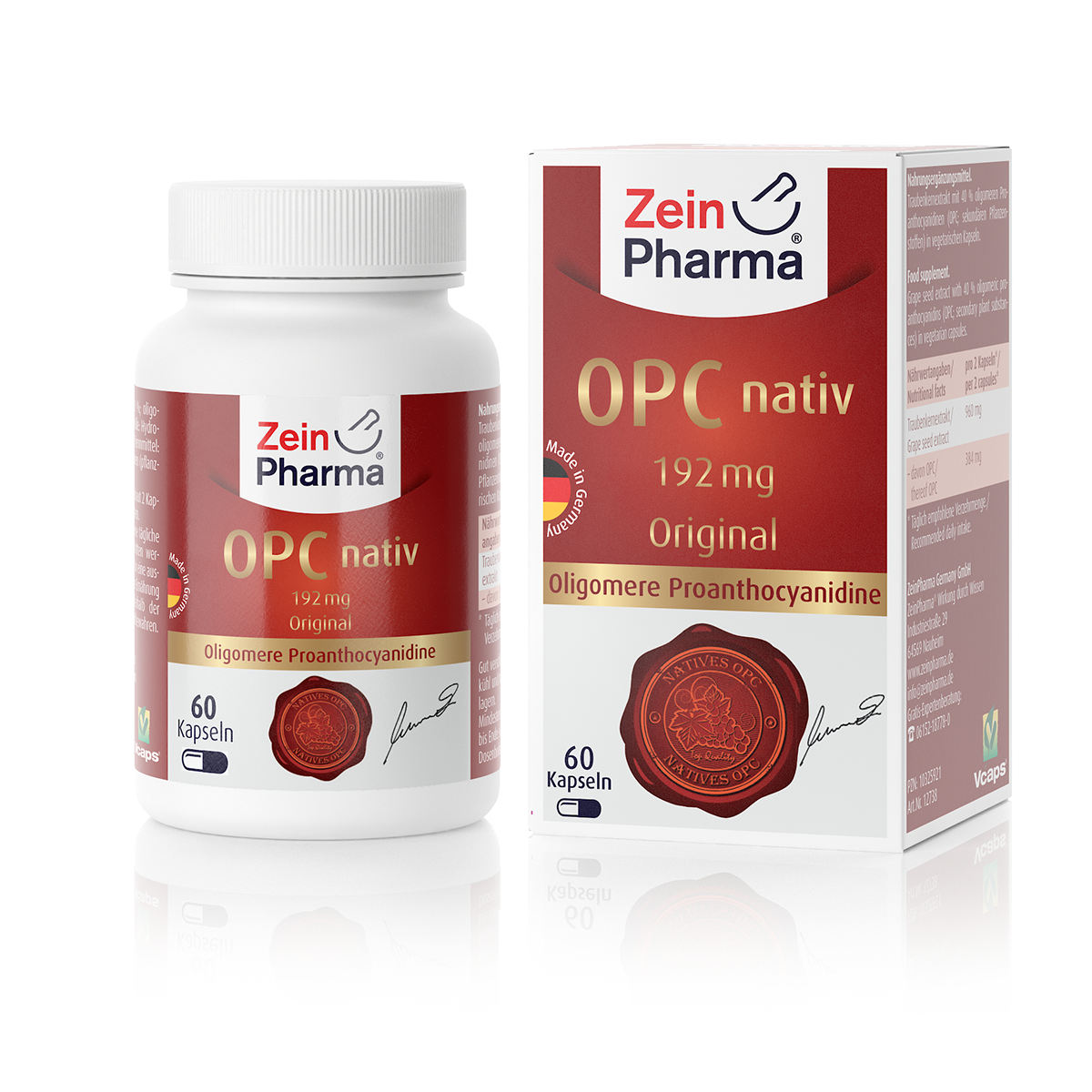 Produktabbildung von Zein Pharma OPC nativ, 192 mg, mit Flasche und Verpackung, die jeweils die Aufschrift "60 Kapseln" und "Oligomere Proanthocyanidine" zeigen.