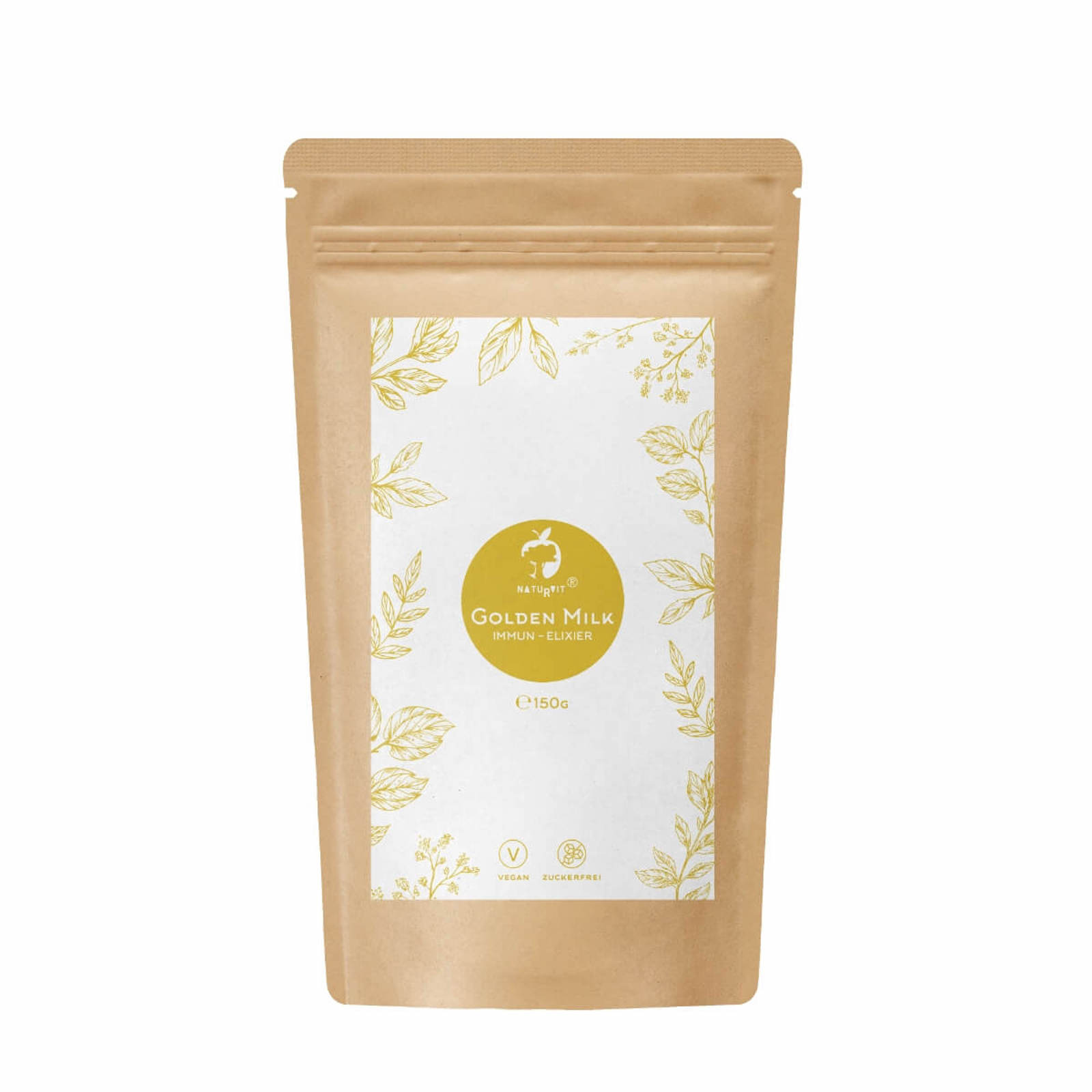 Verpackung für „Golden Milk Immun-Elixier“ in einer braunen Tüte mit weißem Etikett und goldenen Pflanzenmotiven.