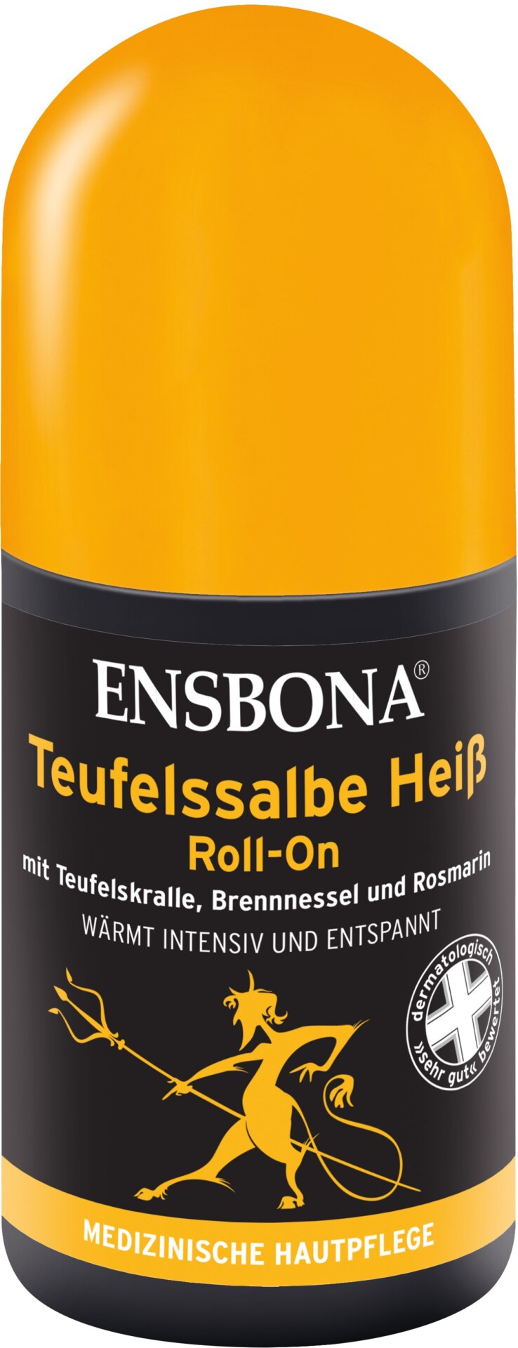 Roll-On-Flasche mit Teufelscreme, orange und schwarze Verpackung, beschriftet mit "ENSBONA Teufelsalbe Heiß" und Hinweisen auf Inhaltsstoffe und Anwendung.