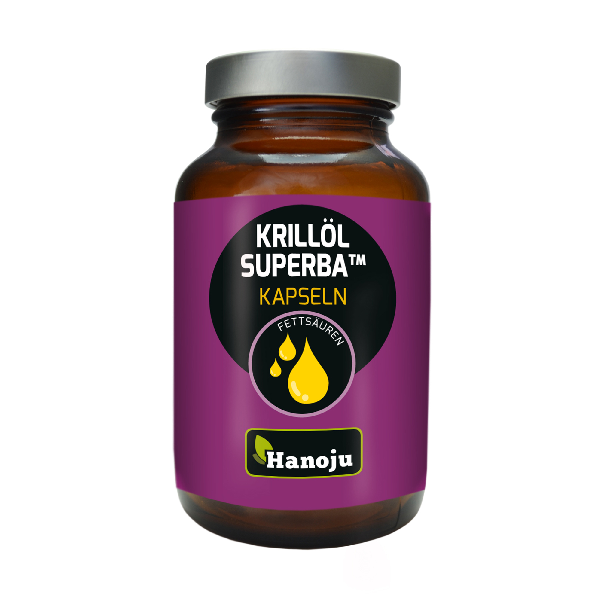 Brauner Glasbehälter mit Krillöl-Kapseln, Etikett in Lila mit dem Text "KRILLÖL SUPERBA™ KAPSEN" und dem Logo von Hanoju.