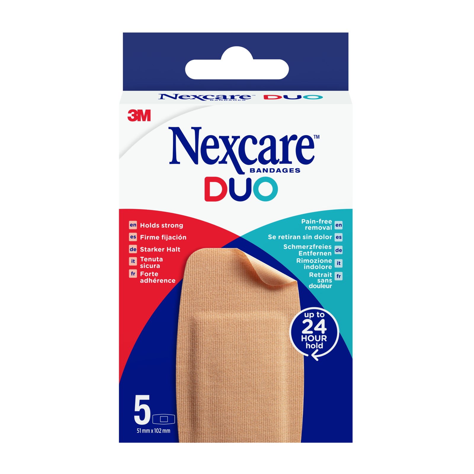 Verpackung von Nexcare DUO Pflastern, mit Informationen zu Haltbarkeit und Anwendung.