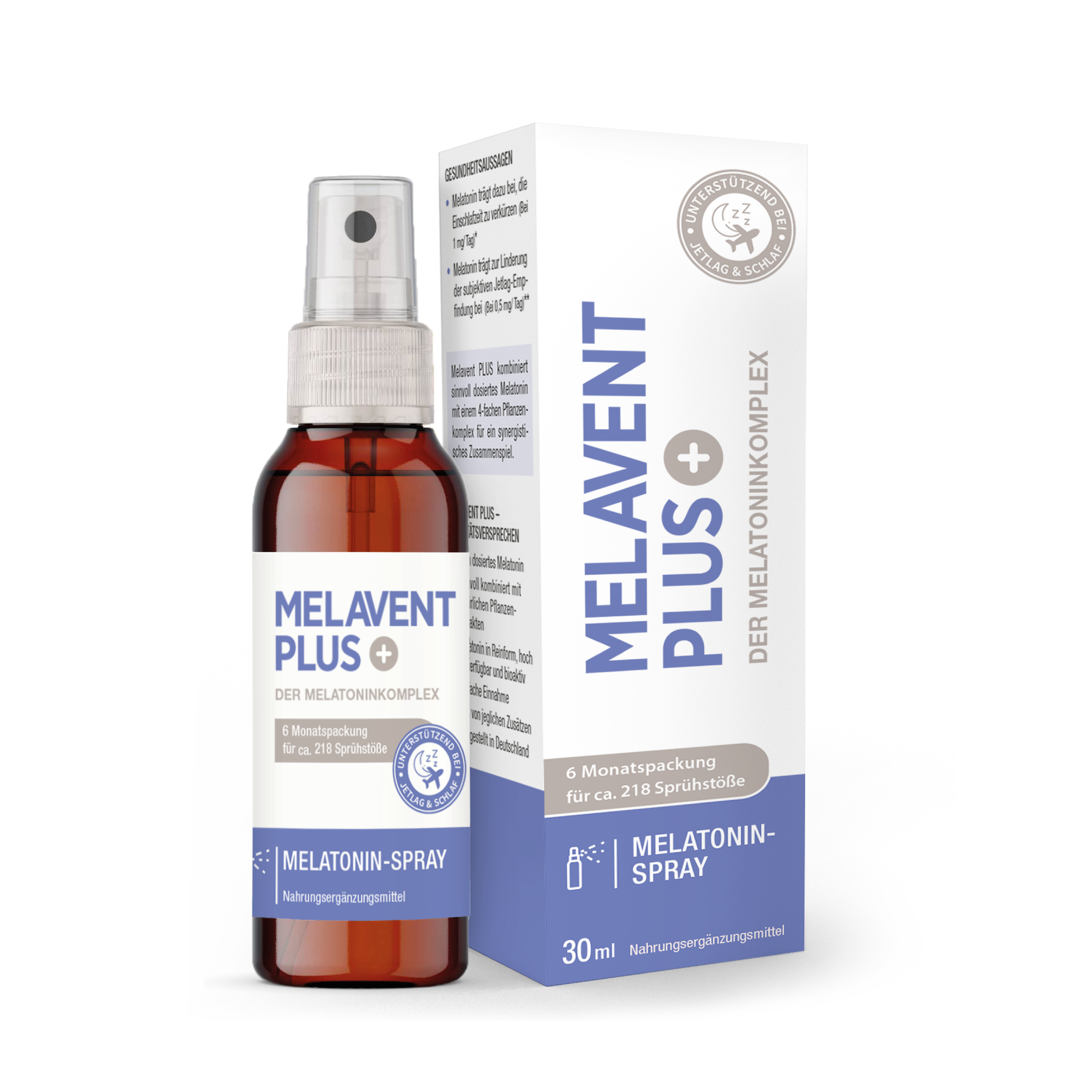 Produktbild von Melavent Plus, einem Melatonin-Spray in einer 30 ml Flasche, mit Verpackung in einer rechten Ansicht.