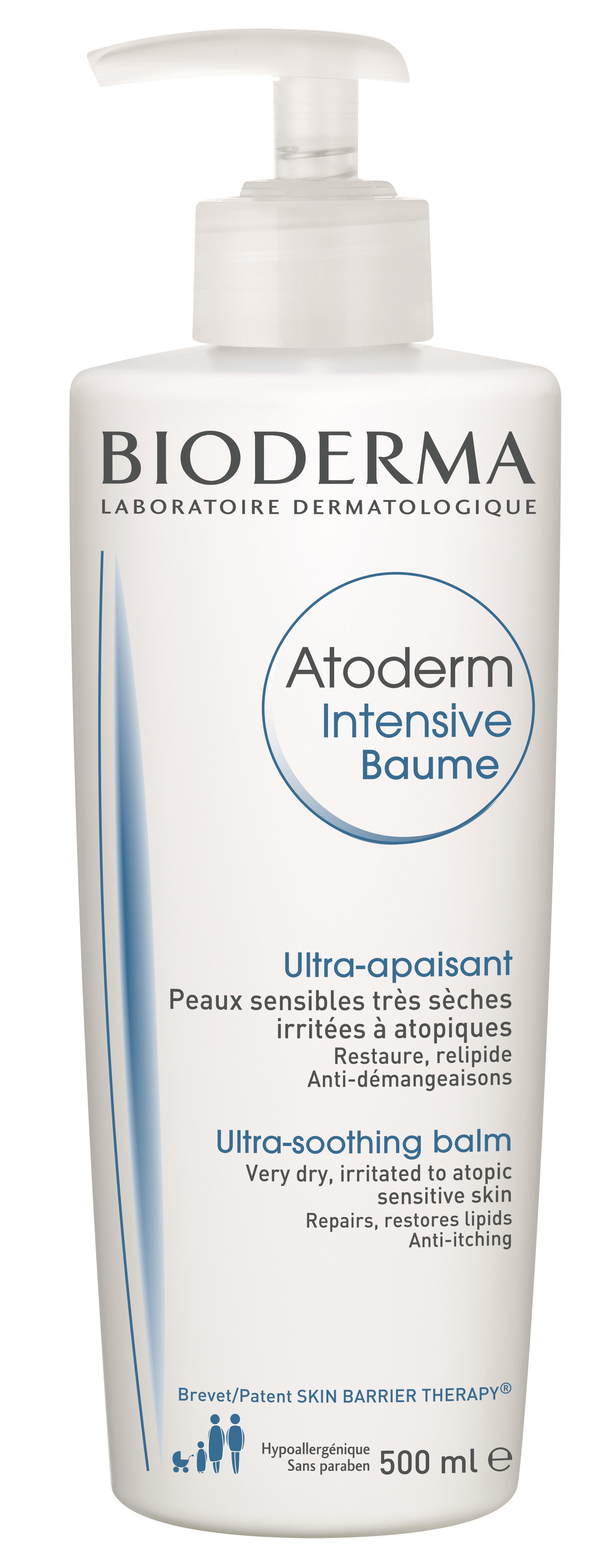 Flasche Bioderma Atoderm Intensive Baume, 500 ml, für sehr trockene und empfindliche Haut, mit Angaben zu beruhigenden und reparierenden Eigenschaften.