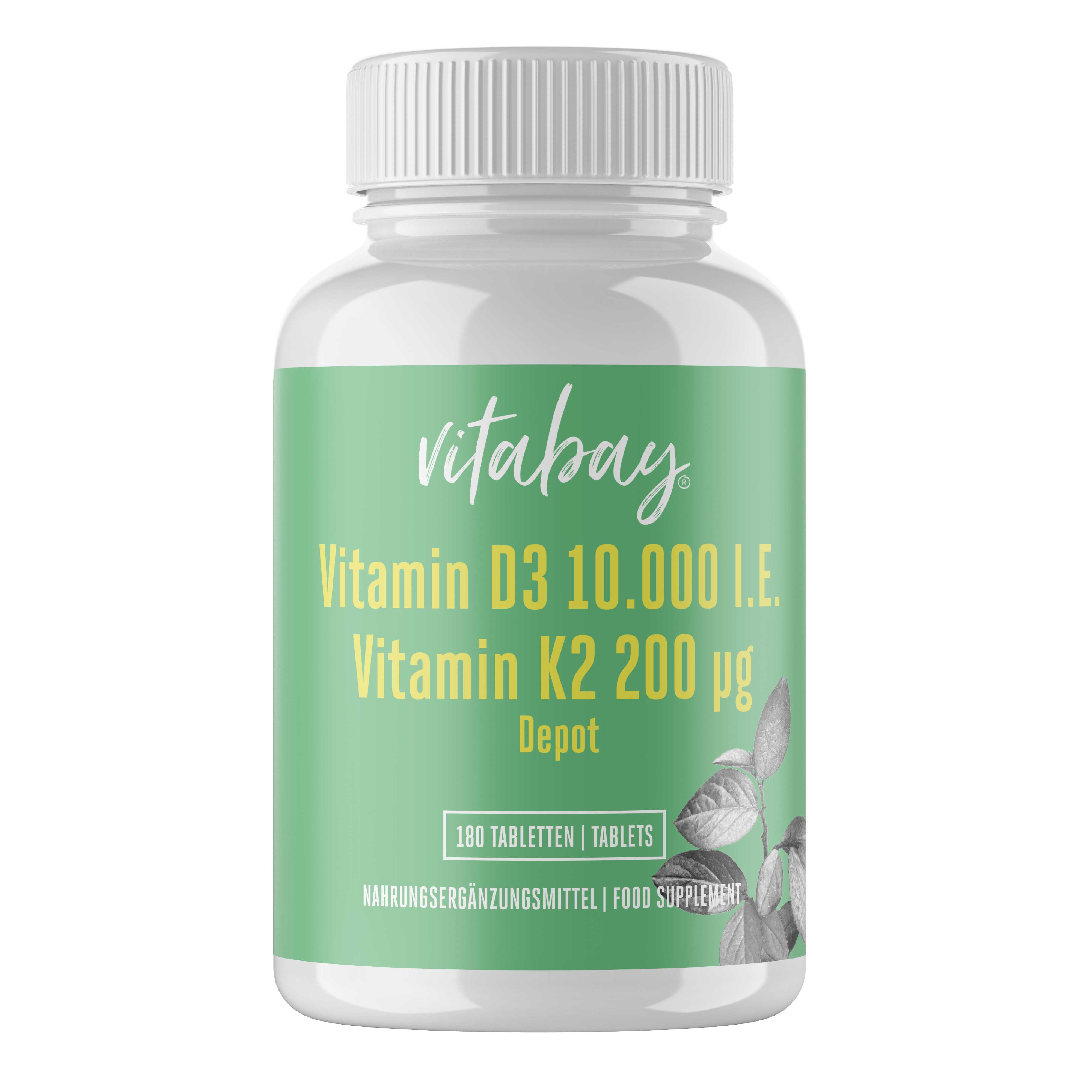 Flasche mit Vitaminen D3 und K2, die 180 Tabletten enthält.