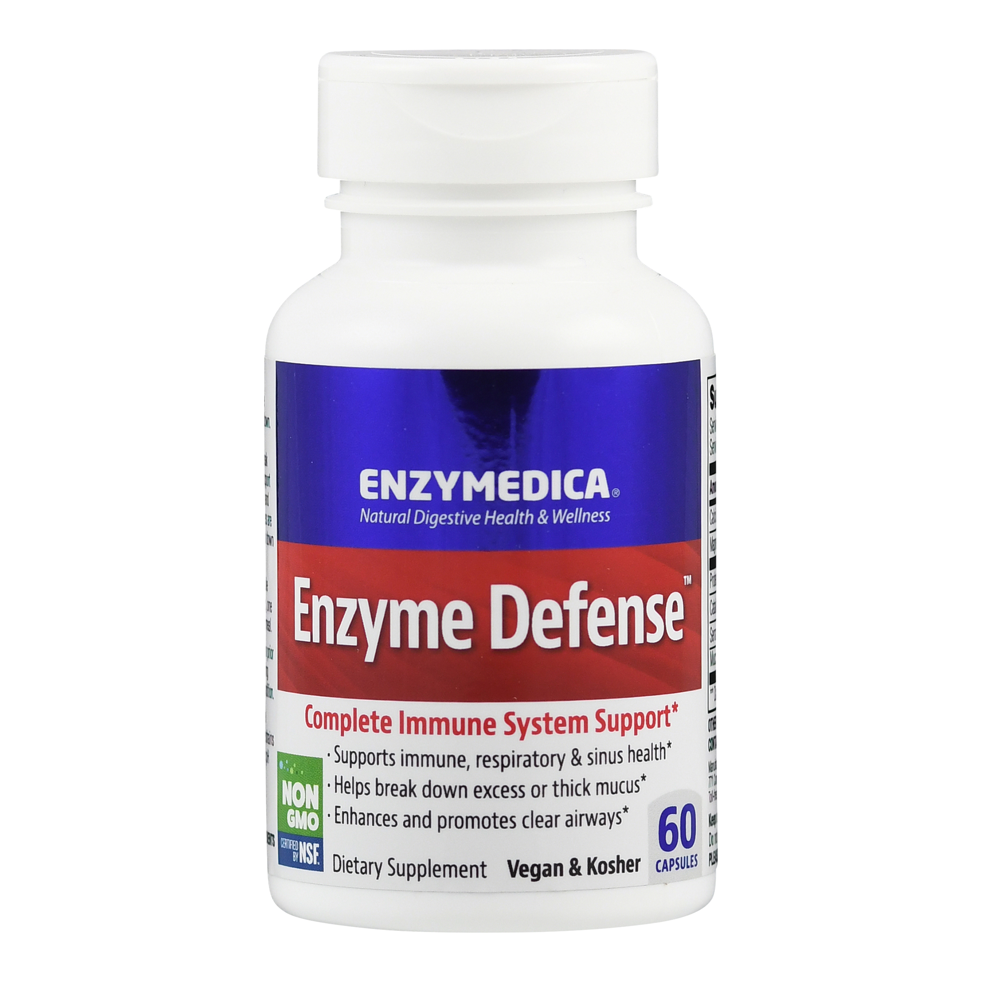 Flasche mit Nahrungsergänzungsmittel "Enzyme Defense" von Enzymedica, die 60 Kapseln enthält und Unterstützung für das Immunsystem bietet.