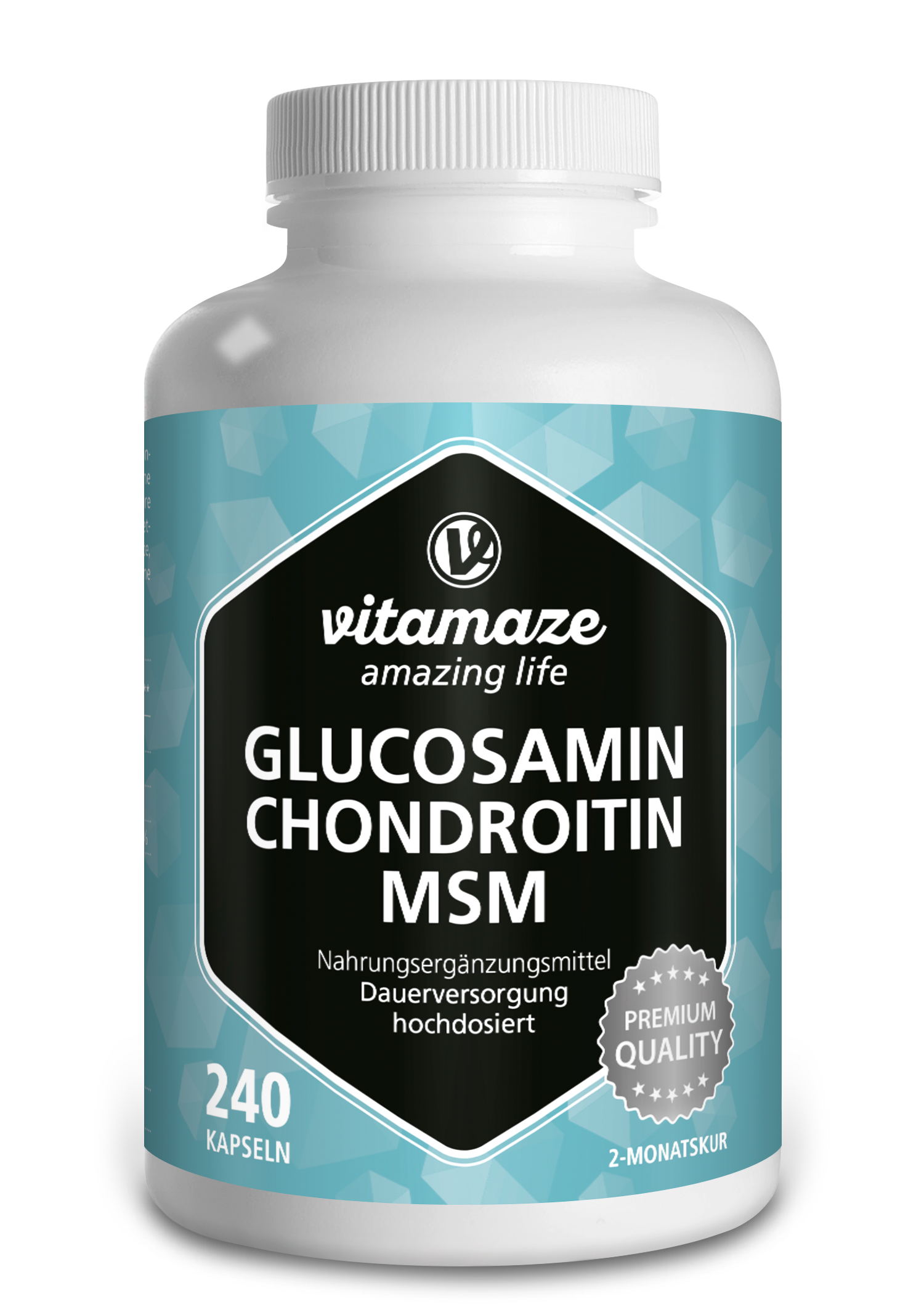 Weißes Nahrungsergänzungsmittel-Fläschchen mit blauem Etikett, das Glucosamin, Chondroitin und MSM enthält, mit der Angabe "240 Kapseln" und "Premium Qualität".