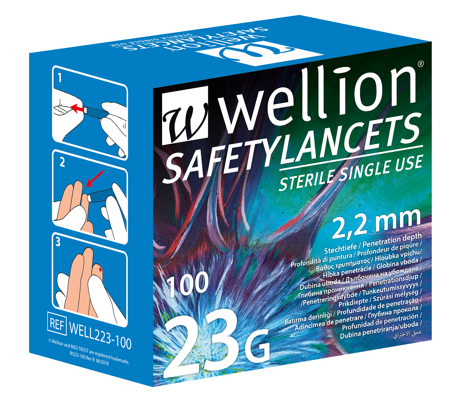 Verpackung von Wellion Safety Lancets, die zur einmaligen Verwendung bestimmt sind, mit Anweisungen zur Anwendung und technischen Spezifikationen.