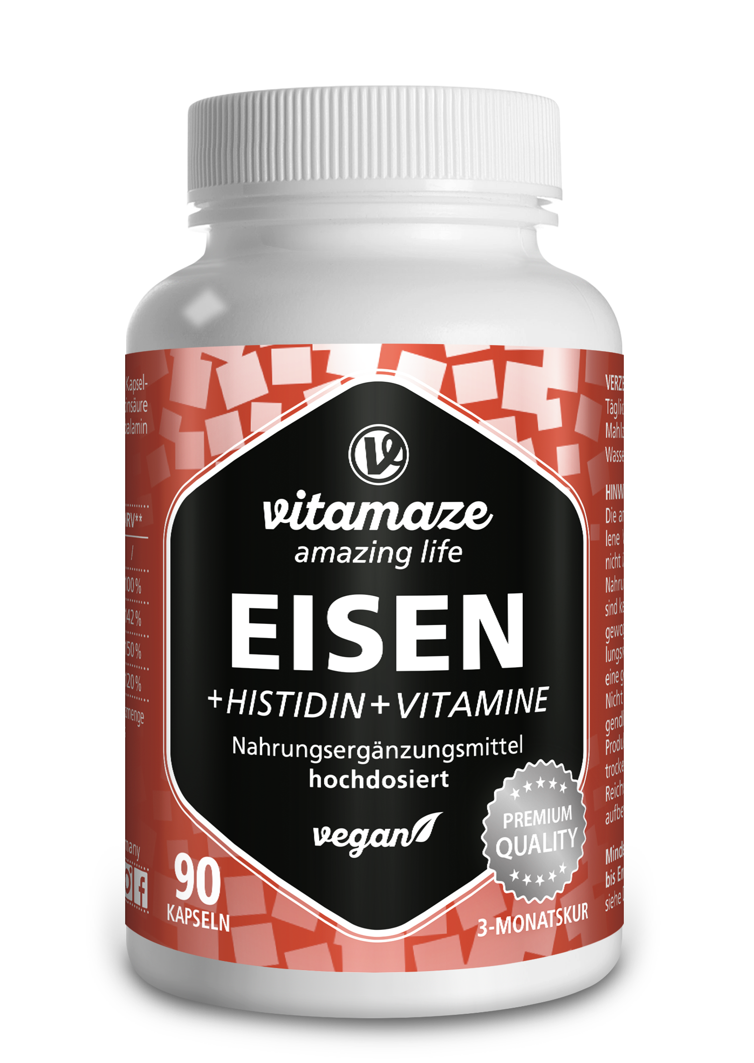 Weißes Fläschchen mit schwarzer Beschriftung, das Eisenkapseln enthält, umgeben von einer roten und weißen Verpackungsdesign.