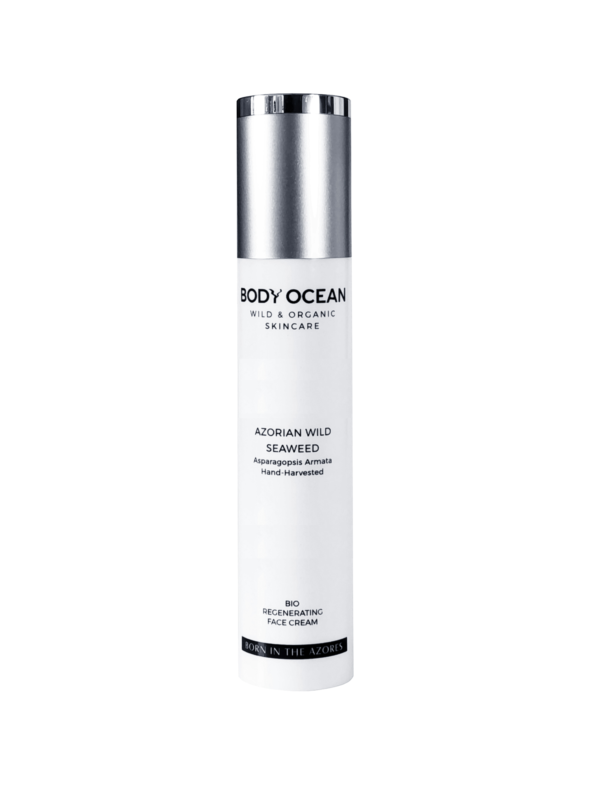 Flasche mit Gesichtscreme von BODY OCEAN, beschriftet mit "AZORIAN WILD SEAWEED", in weiß mit silbernem Deckel.