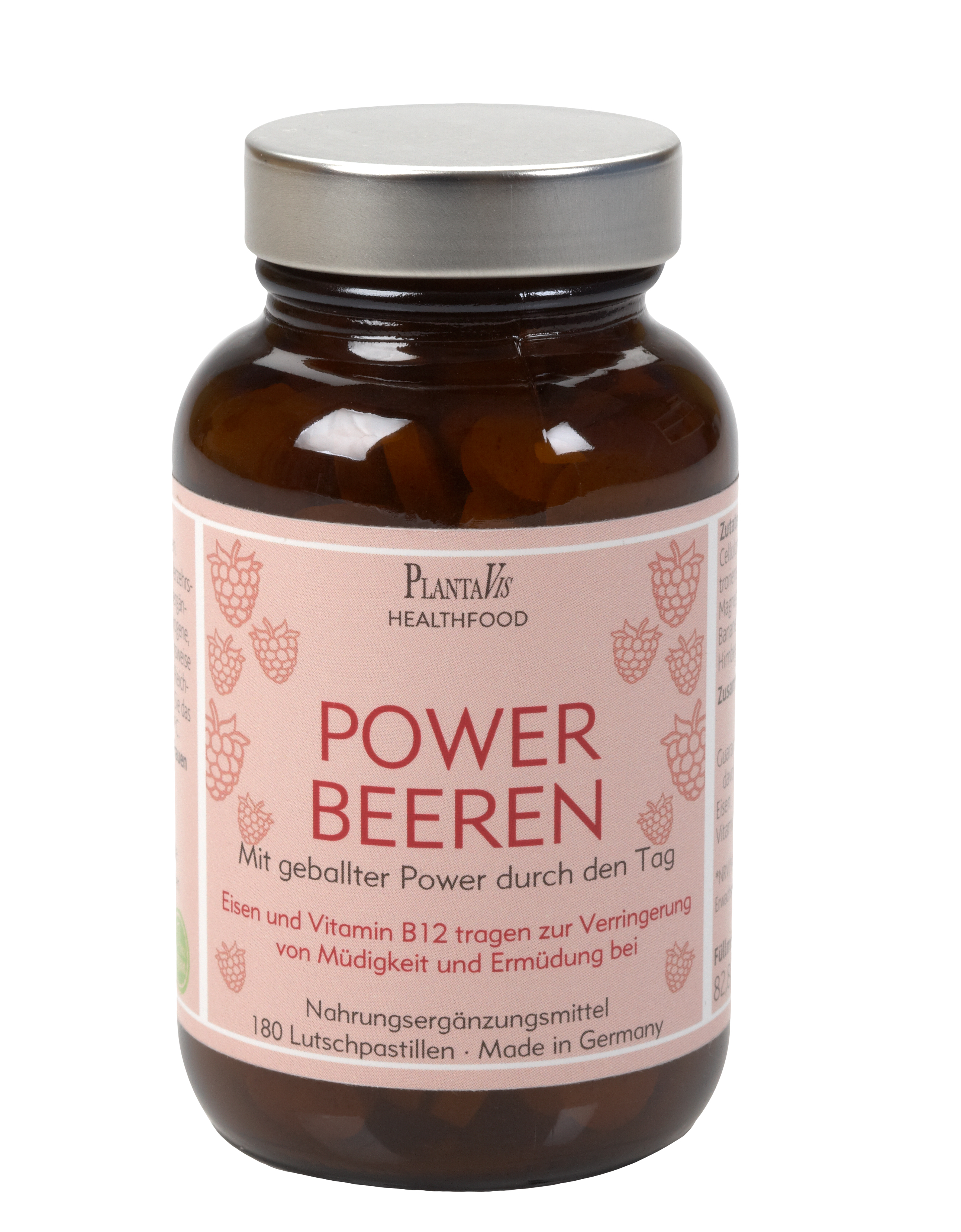 Braunglasflasche mit Nahrungsergänzungsmittel "Power Beeren", beschriftet mit Inhaltsstoffen und Herstellerinformationen.