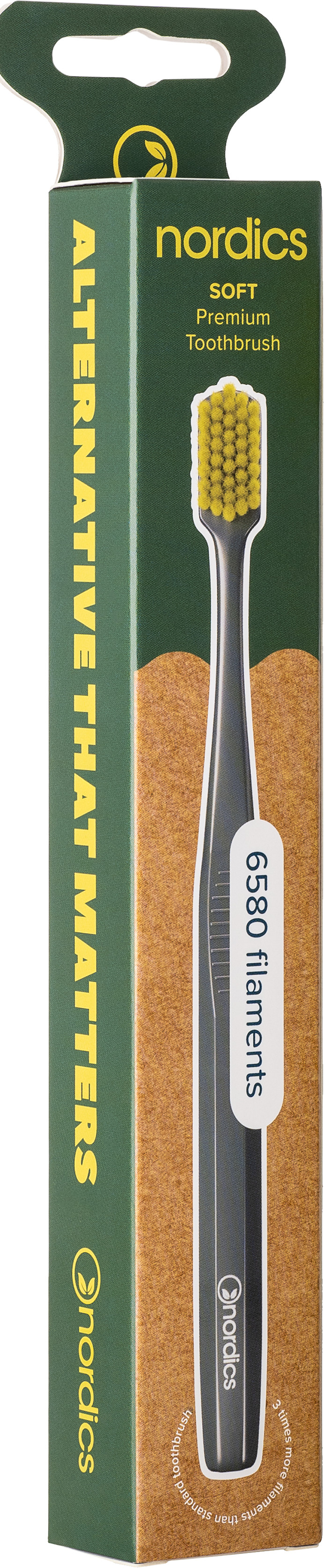 Verpackung einer weichen Zahnbürste von nordics mit Kopfansicht und Beschreibung.