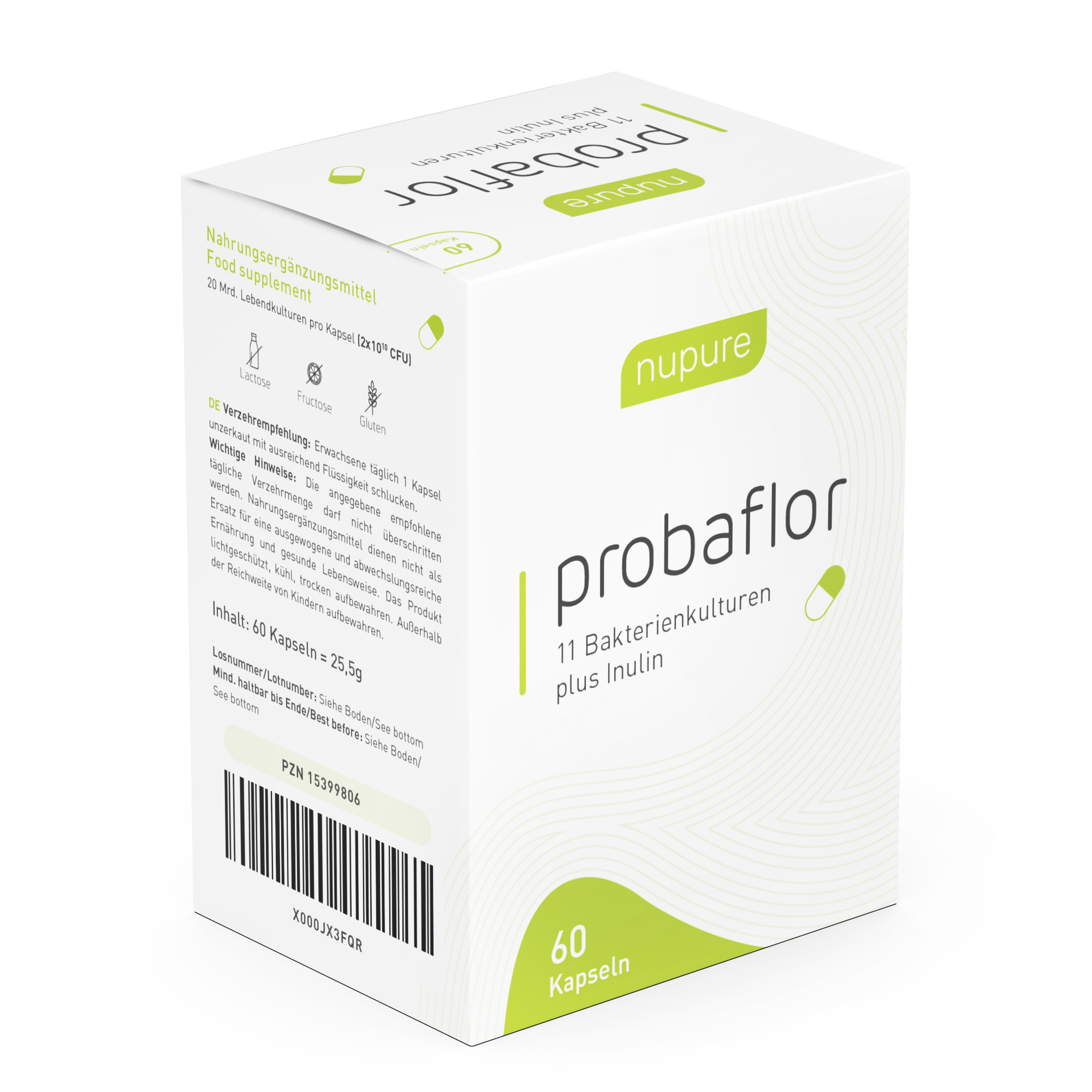 Verpackung des Nahrungsergänzungsmittels "probaflor" mit 60 Kapseln, enthält 11 Bakterienkulturen und Inulin.