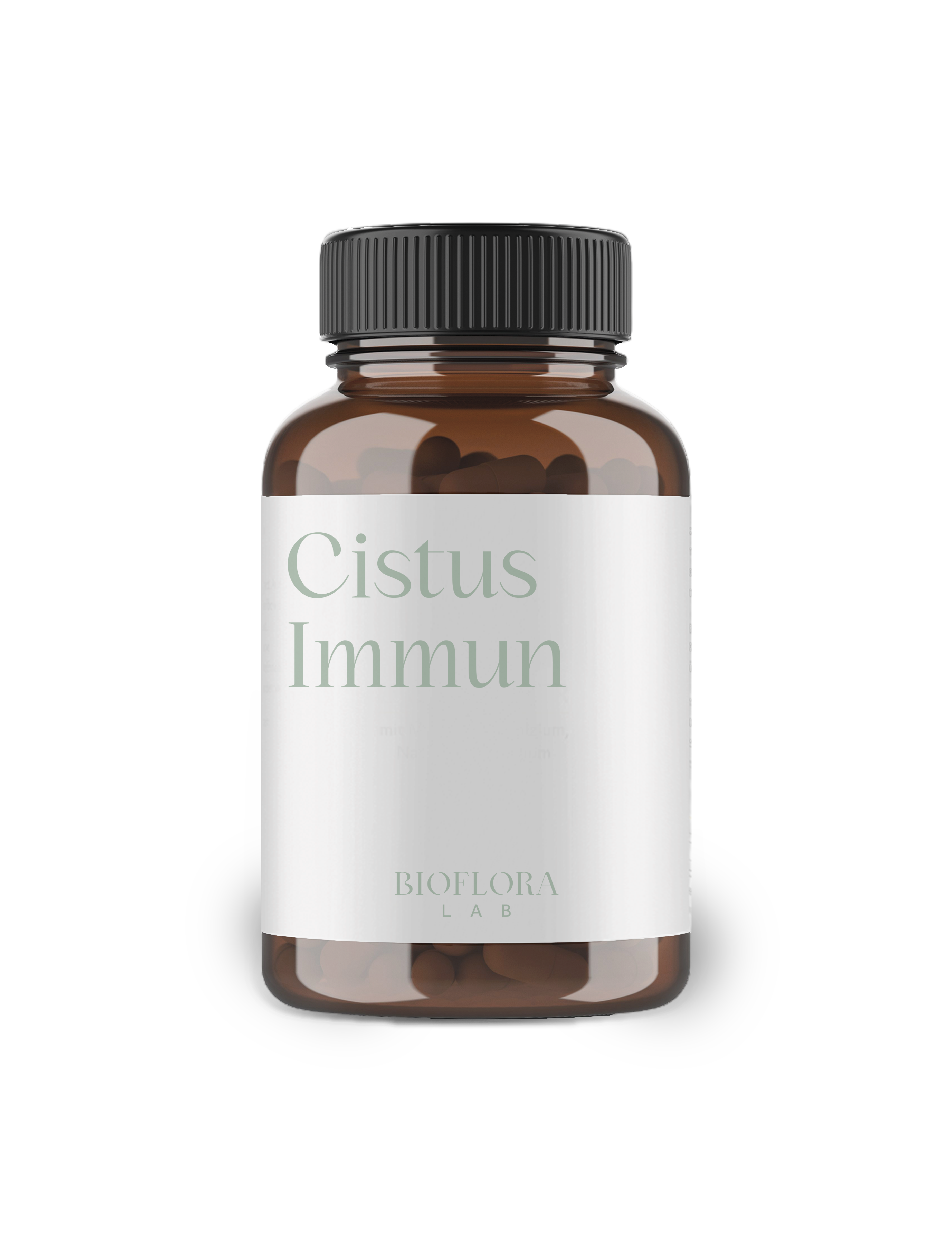 Braune Flasche mit schwarzem Deckel, beschriftet mit "Cistus Immun" und "BIOFLORA LAB".