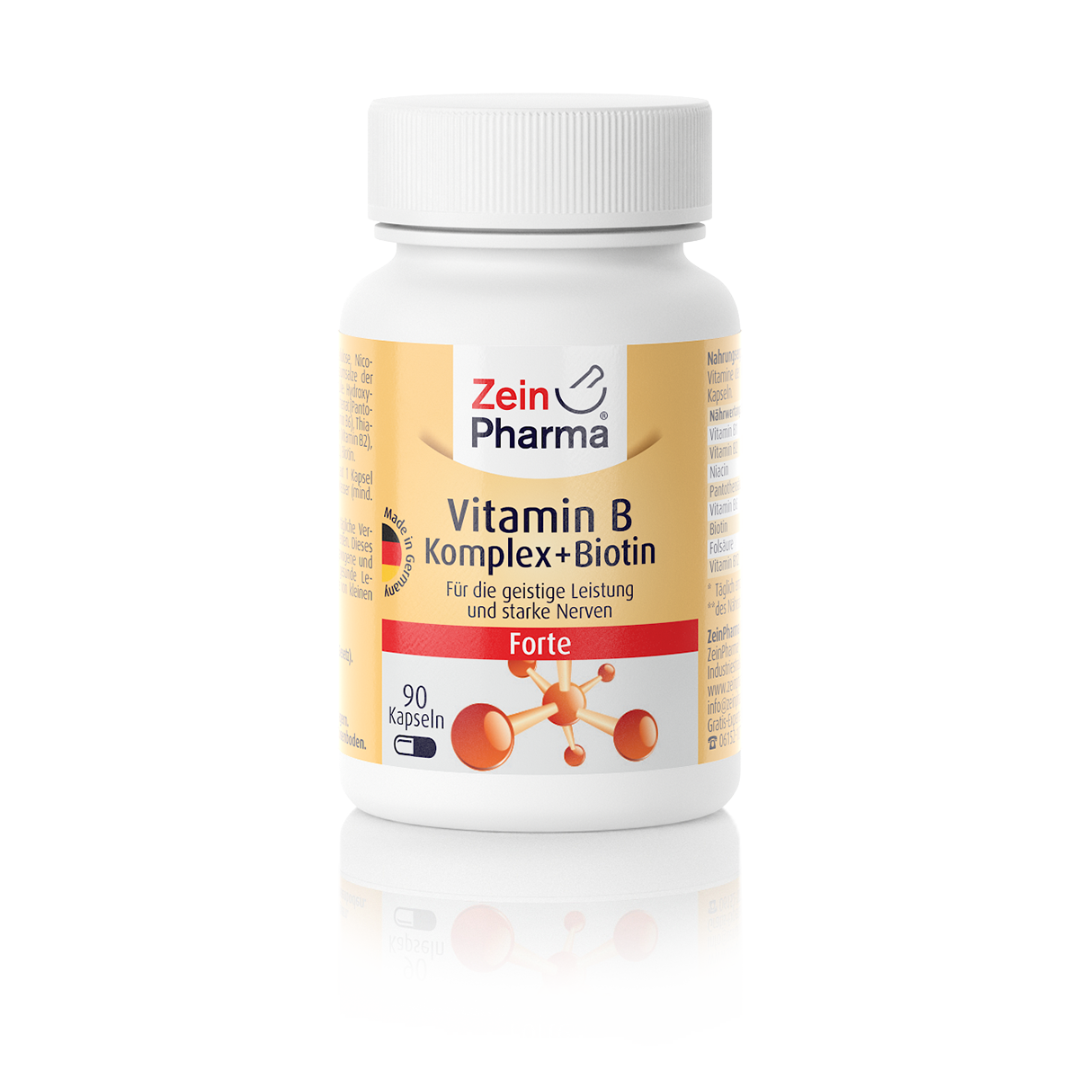 Flasche mit Vitamin B Komplex + Biotin Forte, 90 Kapseln, von Zein Pharma, mit Hinweis auf geistige Leistung und starke Nerven.