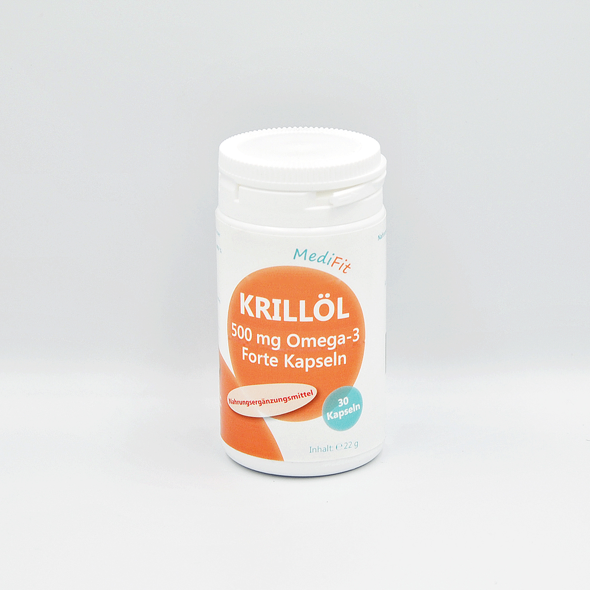 Weißer Flaschenbehälter mit einem Schraubverschluss, beschriftet mit "KRILLÖL 500 mg Omega-3 Forte Kapseln" und "30 Kapseln".