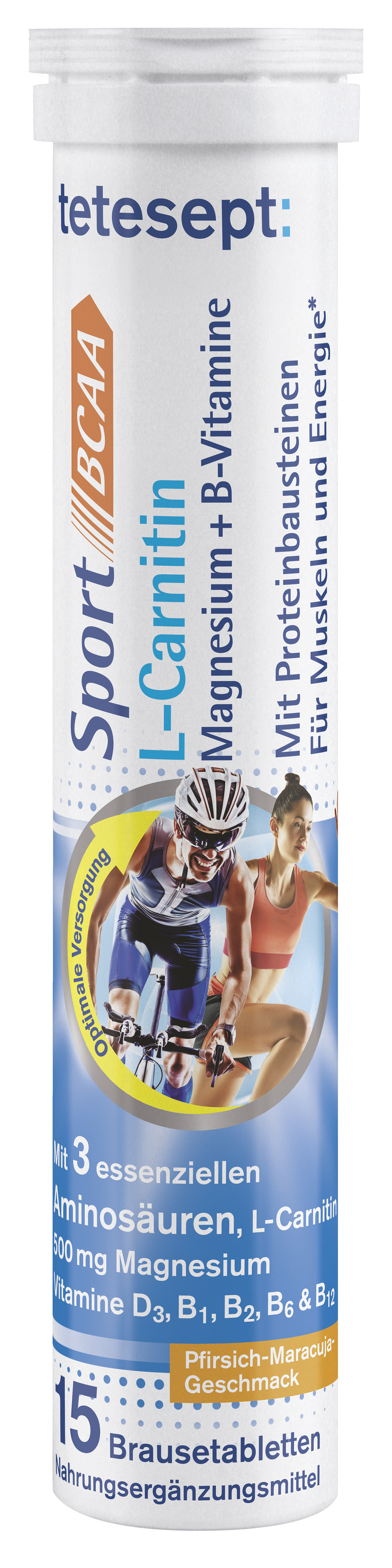 Bild eines runden Röhrchens mit der Aufschrift "tetesept Sport BCAA L-Carnitin" und Informationen zu Inhaltsstoffen wie Magnesium und B-Vitaminen. Das Röhrchen enthält 15 Brausetabletten.