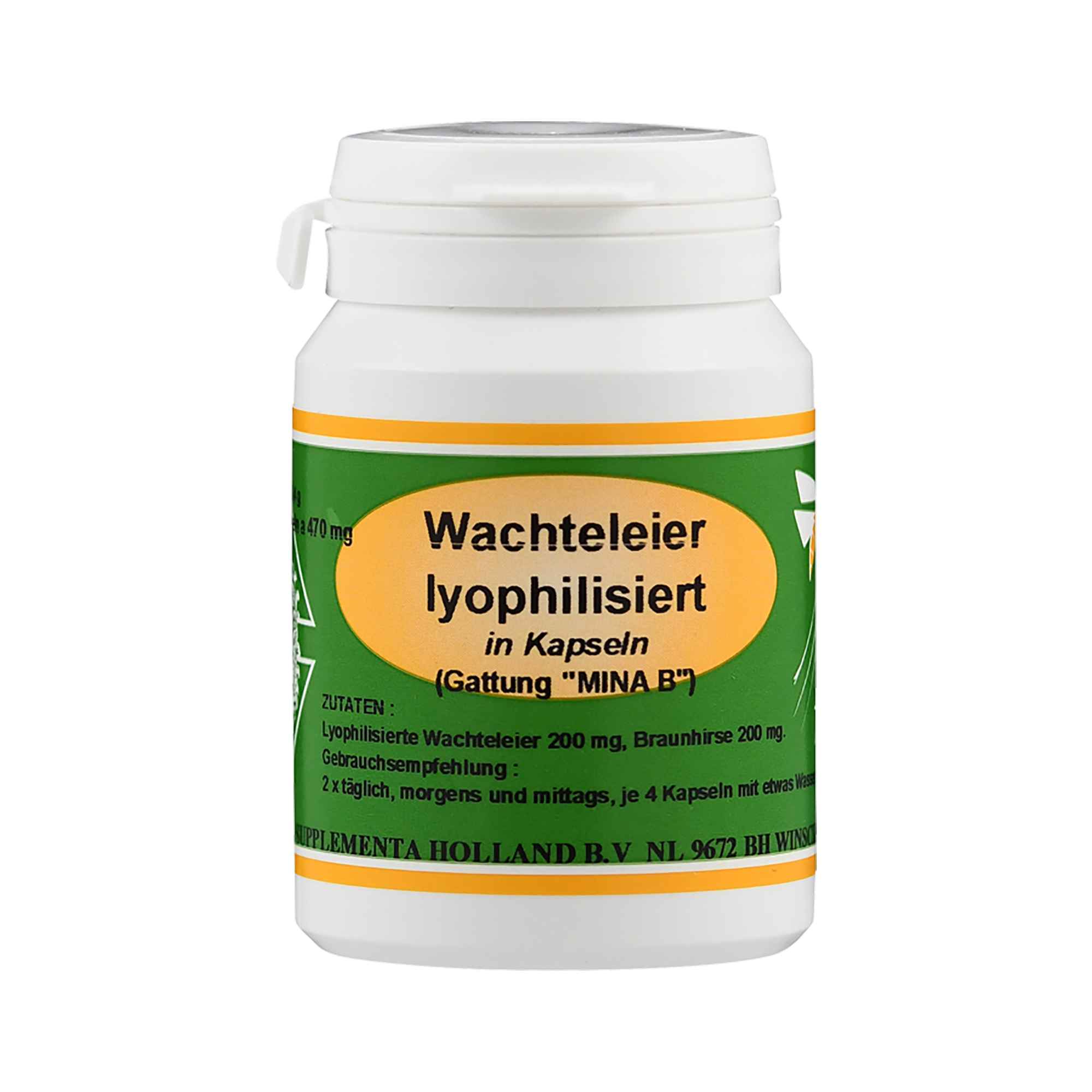 Weißes Fläschchen mit grün-gelbem Etikett, beschriftet mit "Wachtteleier lyophilisiert in Kapseln" und Inhaltsstoffen.