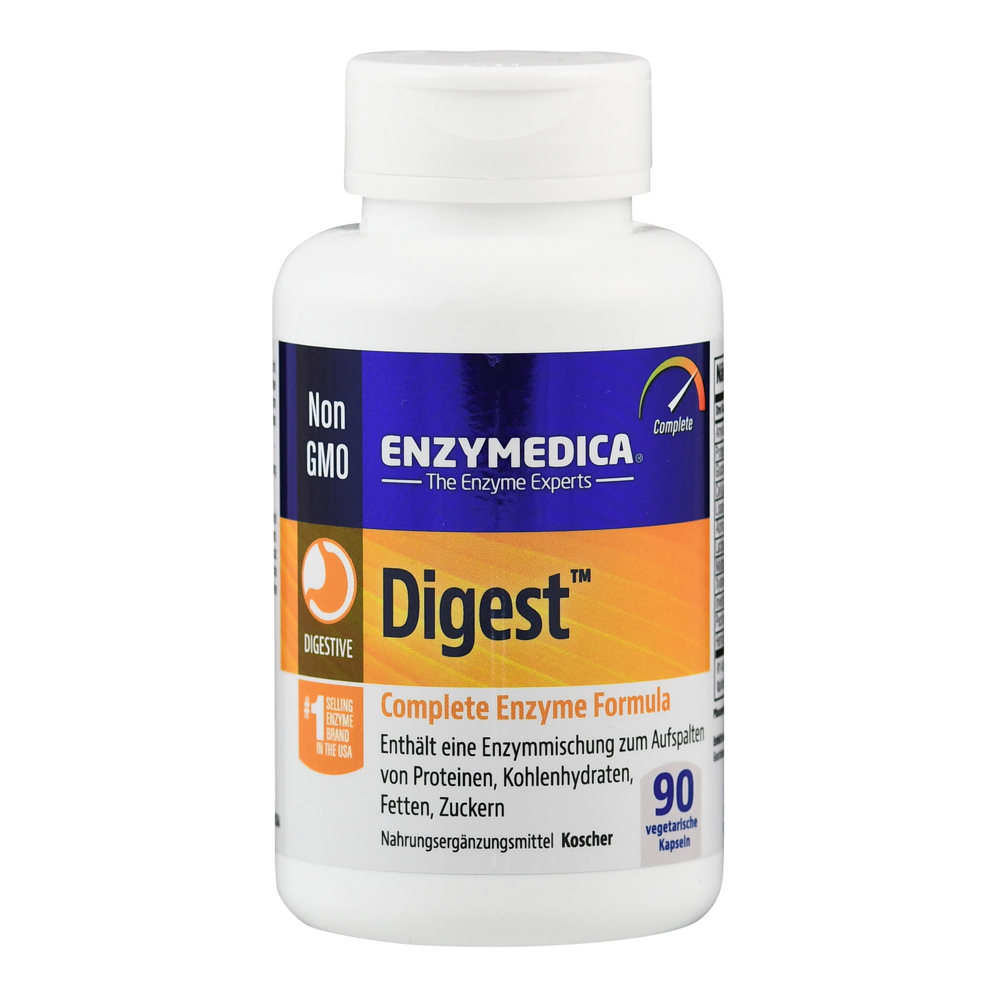 Weißes Fläschchen mit orangefarbenem und blauem Etikett, das die Nahrungsergänzungsmittel „Digest“ von Enzymedica zeigt.