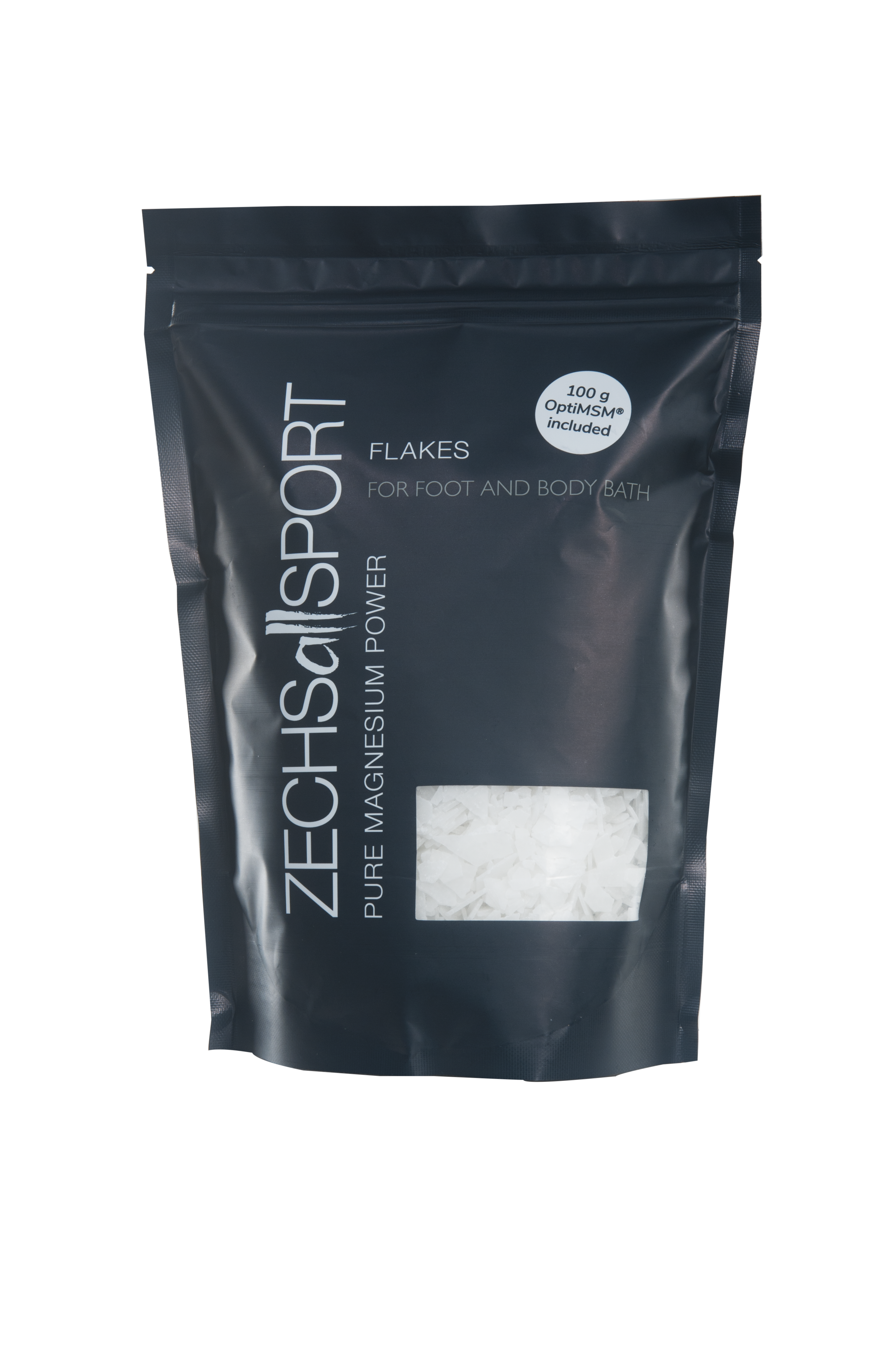 Schwarze Verpackung mit dem Aufdruck "ZECHsallSPORT FLAKES für Fuß- und Körperbad" und Sichtfenster, das die weißen Magnesiumflocken zeigt.