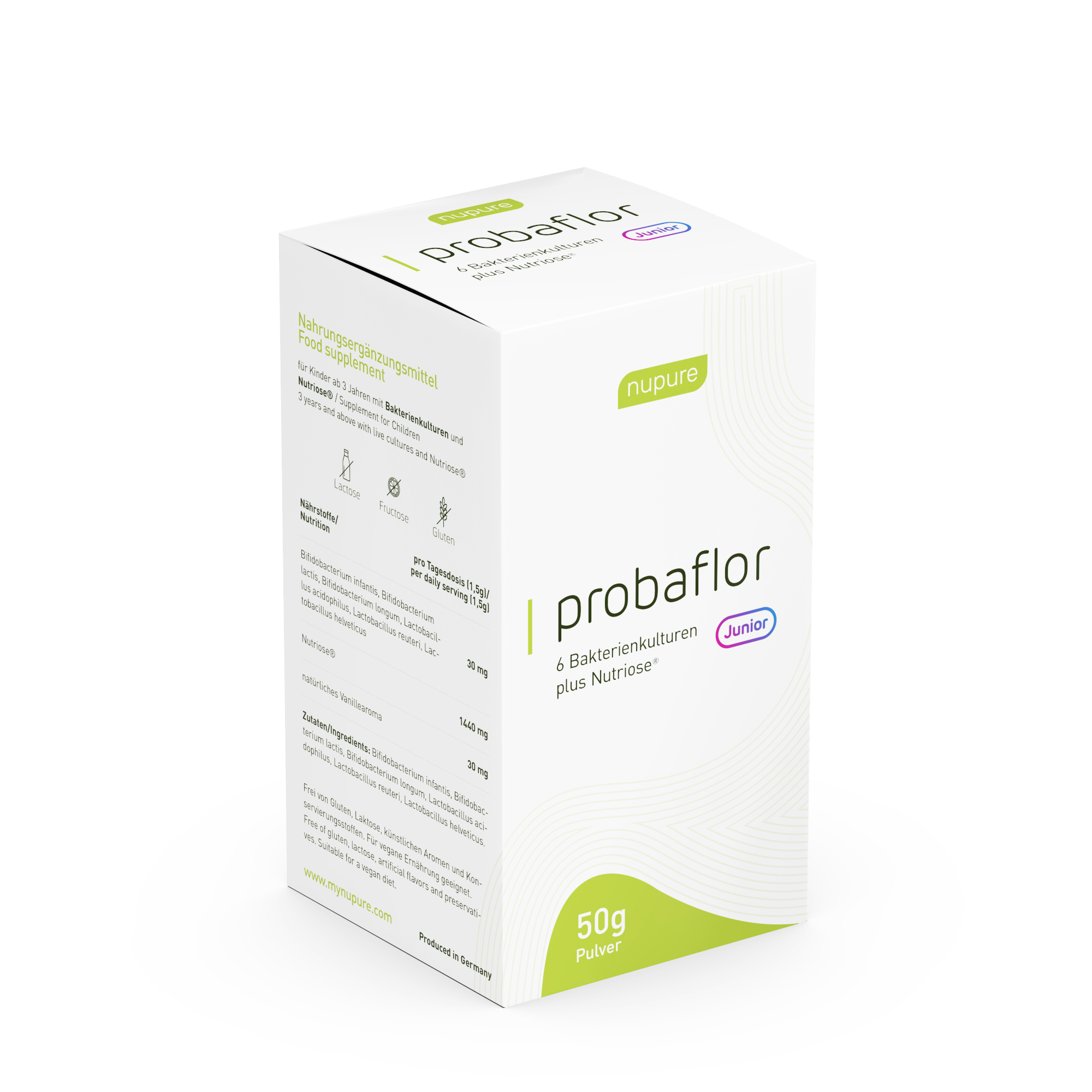 Verpackung des Produkts "probaflor Junior" mit 50 g Pulver, enthält 6 Bakterienkulturen und Nährstoffe, von der Marke nuPure.