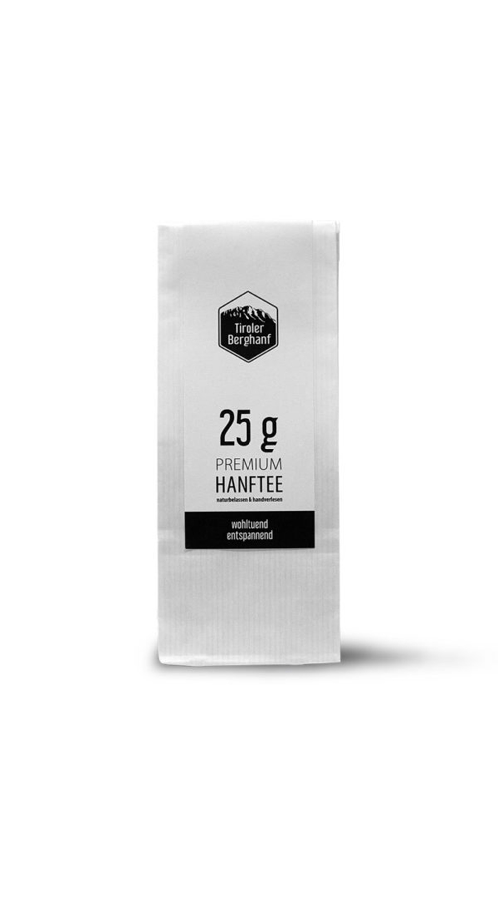 Verpackung von 25 g Premium Hanftee mit dem Hinweis "entspannend".