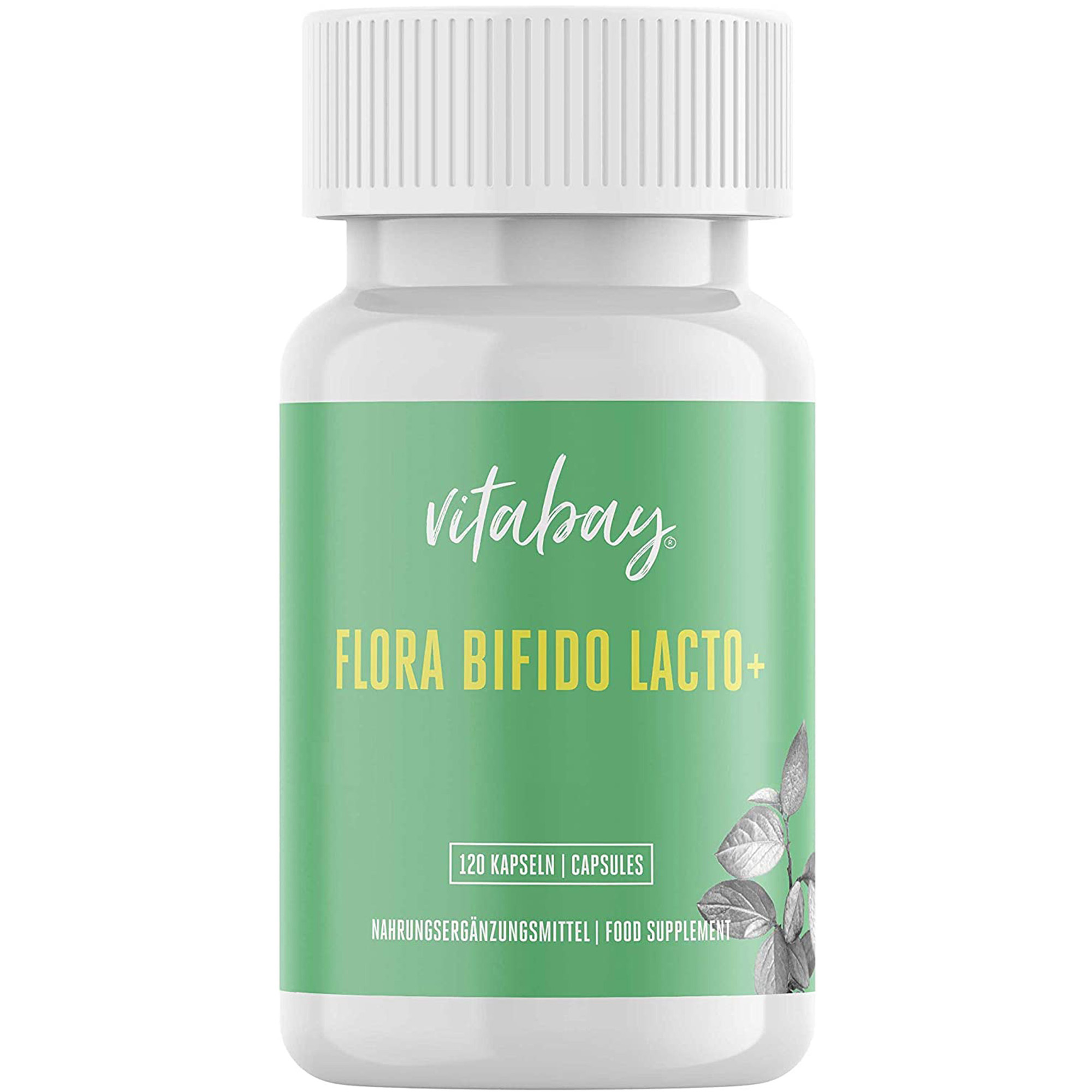 Flasche mit Nahrungsergänzungsmittel "Flora Bifido Lacto+" von Vitabay, 120 Kapseln, grüne Verpackung.