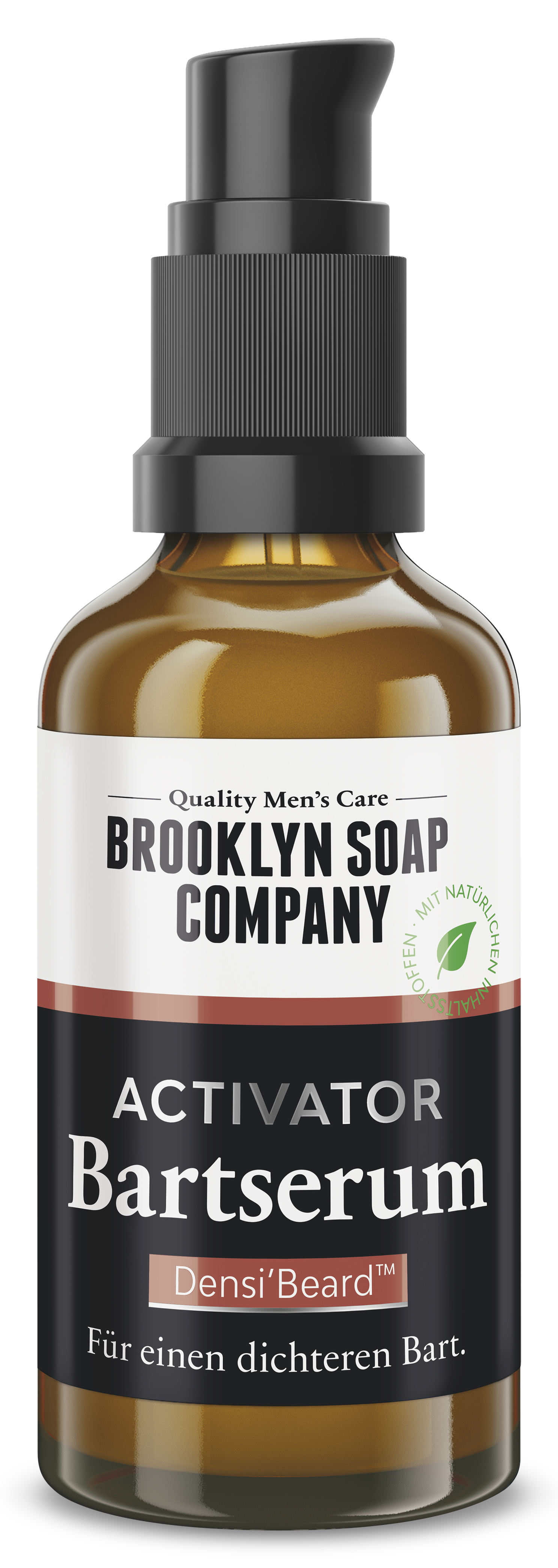 Braunglasflasche mit Pumpzerstäuber für Bartserum der Marke Brooklyn Soap Company, beschriftet mit "Activator Bartserum Densi'Beard™ für einen dichteren Bart".