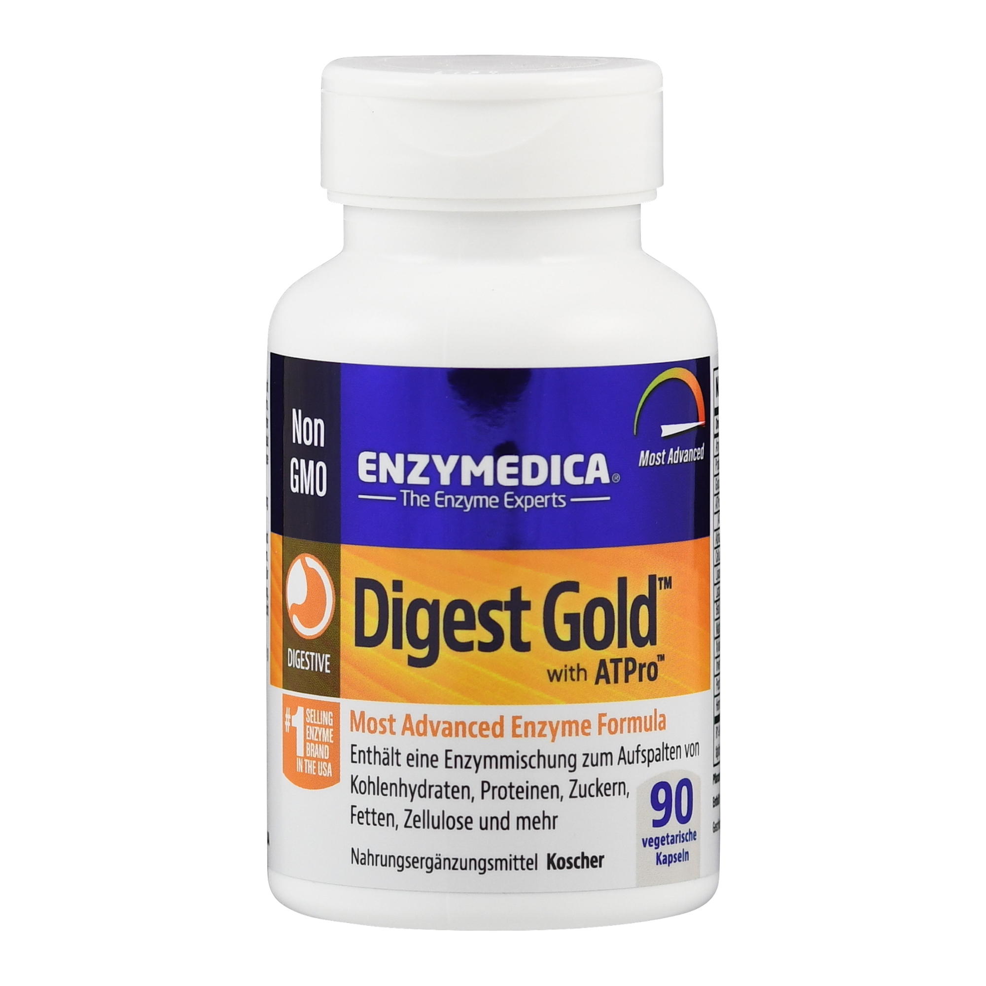 Flasche mit Nahrungsergänzungsmittel "Digest Gold" von Enzymedica, enthält Enzyme zur Unterstützung bei der Verdauung, 90 vegane Kapseln.